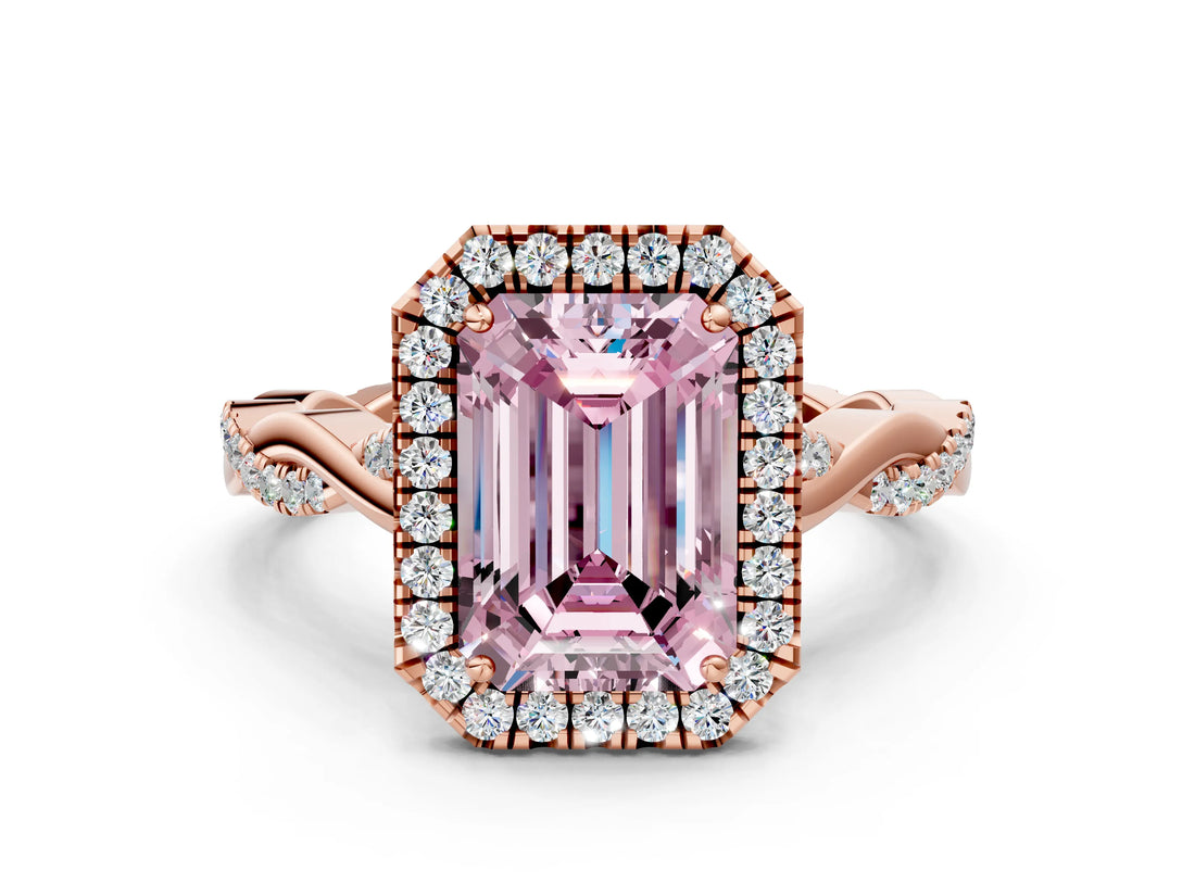 Rose gold Fancy Pink Emerald Cut Halo Twist Band with Four-Prong Setting_12