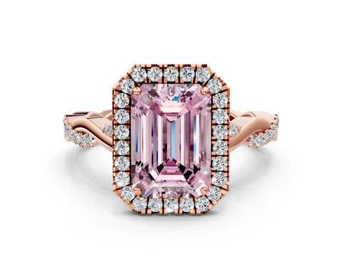 Rose gold Fancy Pink Emerald Cut Halo Twist Band with Four-Prong Setting_12