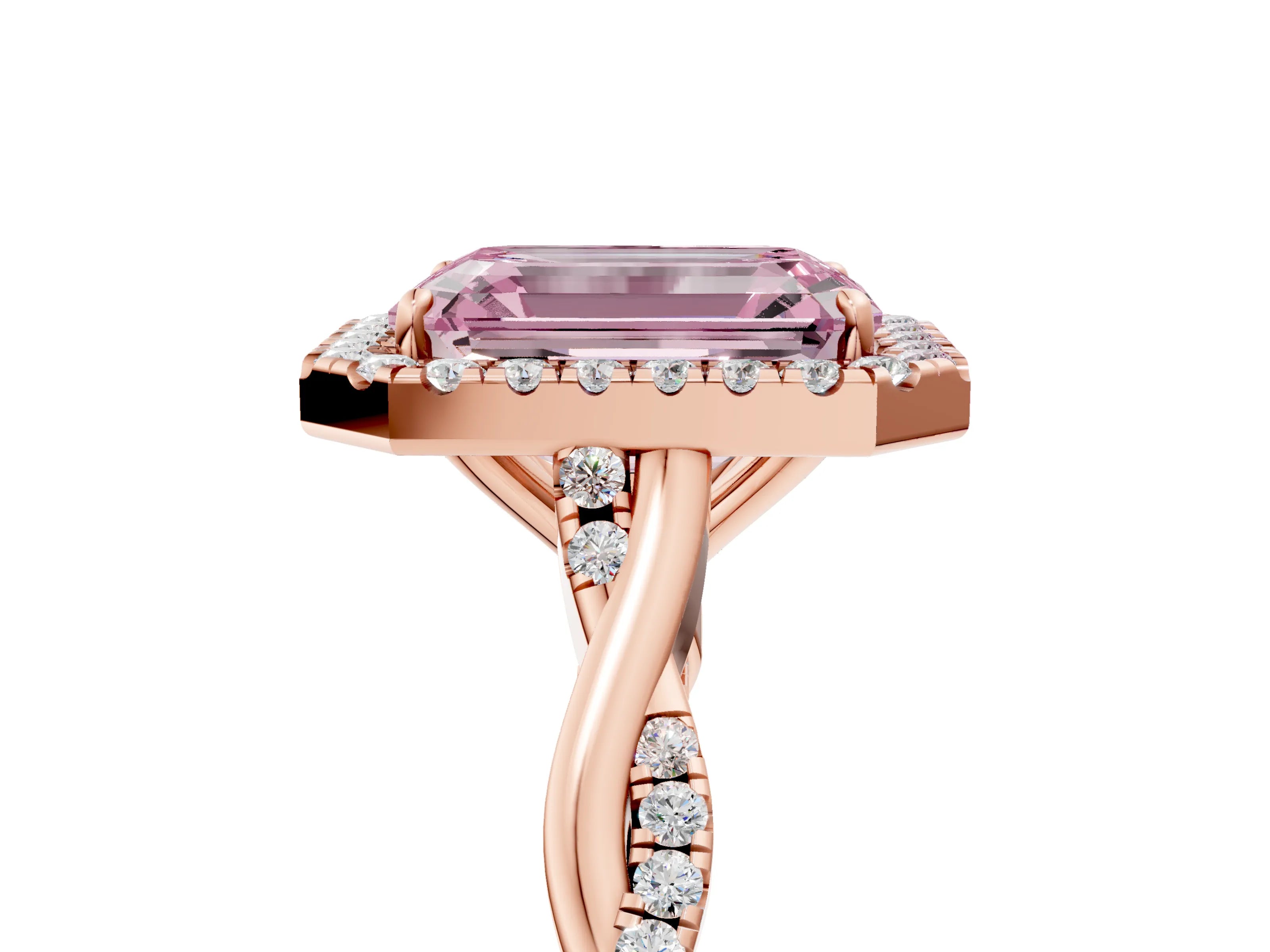 Rose gold Fancy Pink Emerald Cut Halo Twist Band with Four-Prong Setting_17