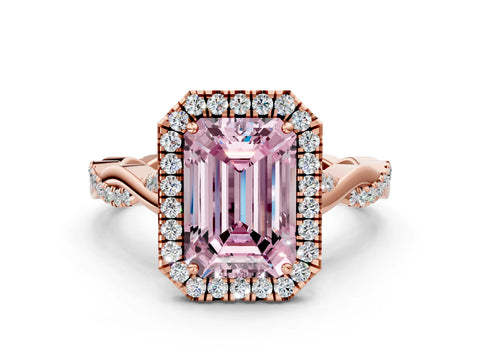Rose gold Fancy Pink Emerald Cut Halo Twist Band with Four-Prong Setting