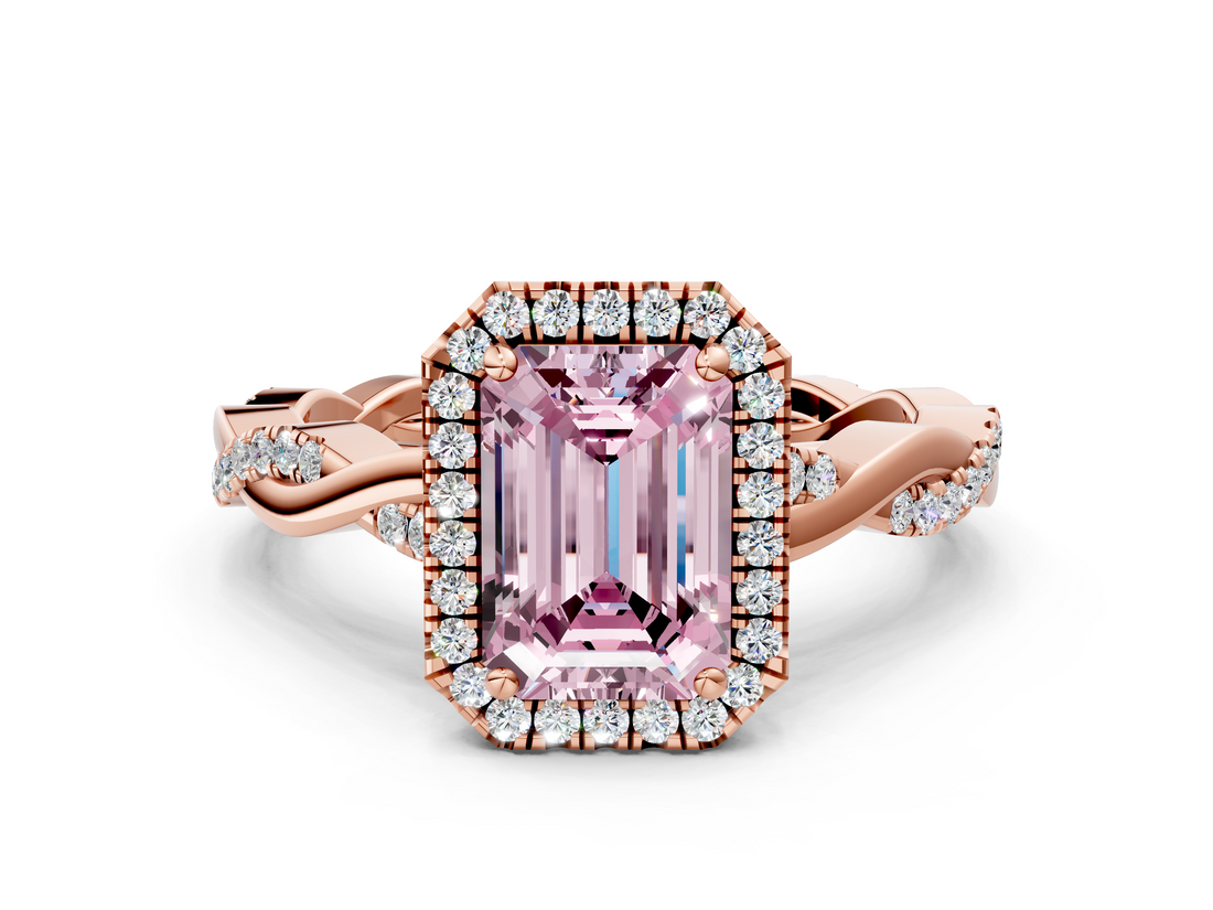 Rose gold Fancy Pink Emerald  Cut Halo Twisted Band Four-Prong Ring_20