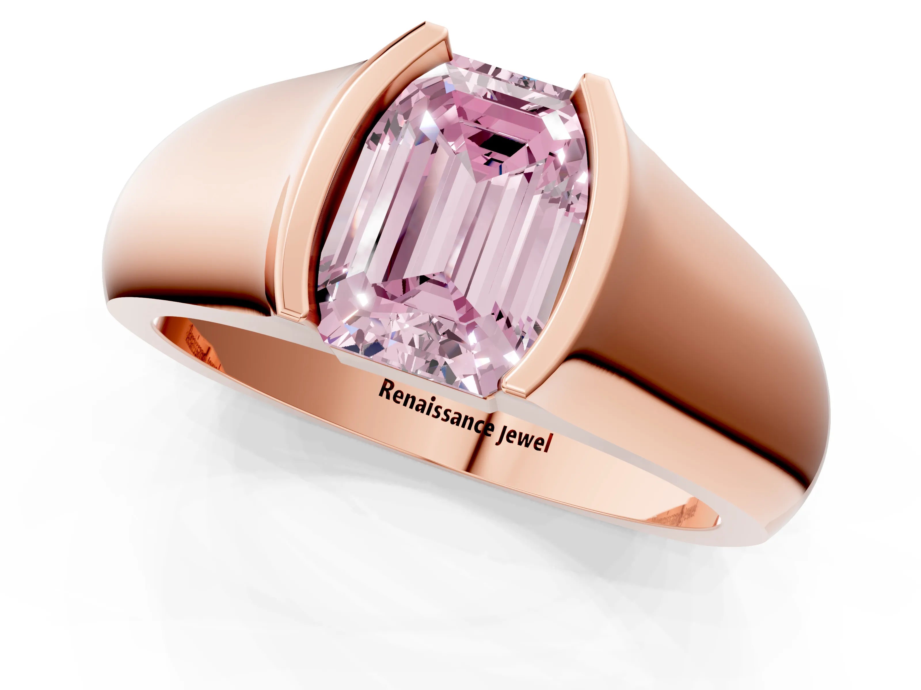Rose gold Fancy Pink Emerald Cut Solitaire Bezel Set Diamond Ring with Wide Band_1