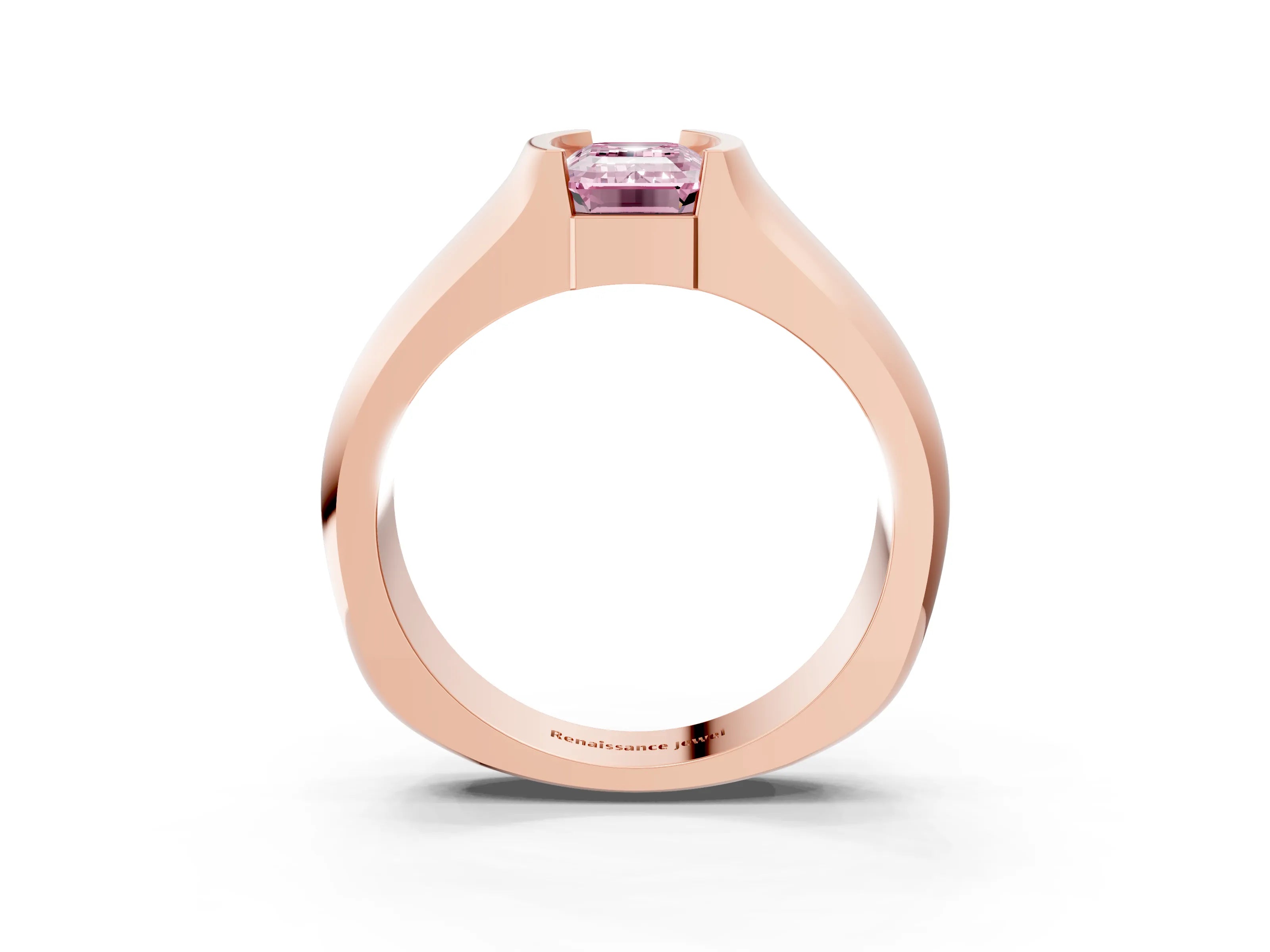 Rose gold Fancy Pink Emerald Cut Solitaire Bezel Set Diamond Ring with Wide Band_3