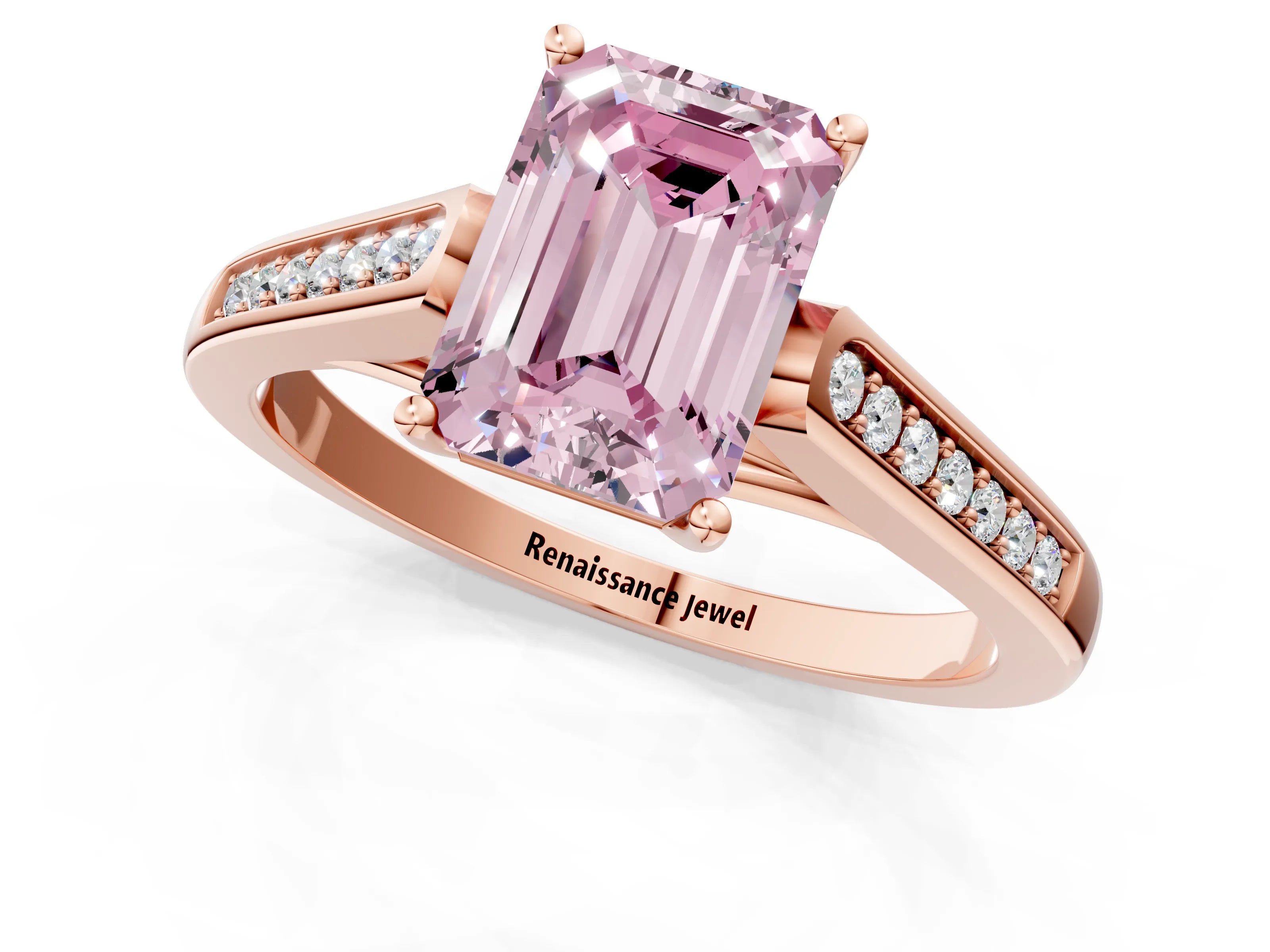 Rose gold Fancy Pink Emerald Cut Solitaire Cathedral Diamond Engagement Ring with Channel-Set Band and Four-Prong Setting_4