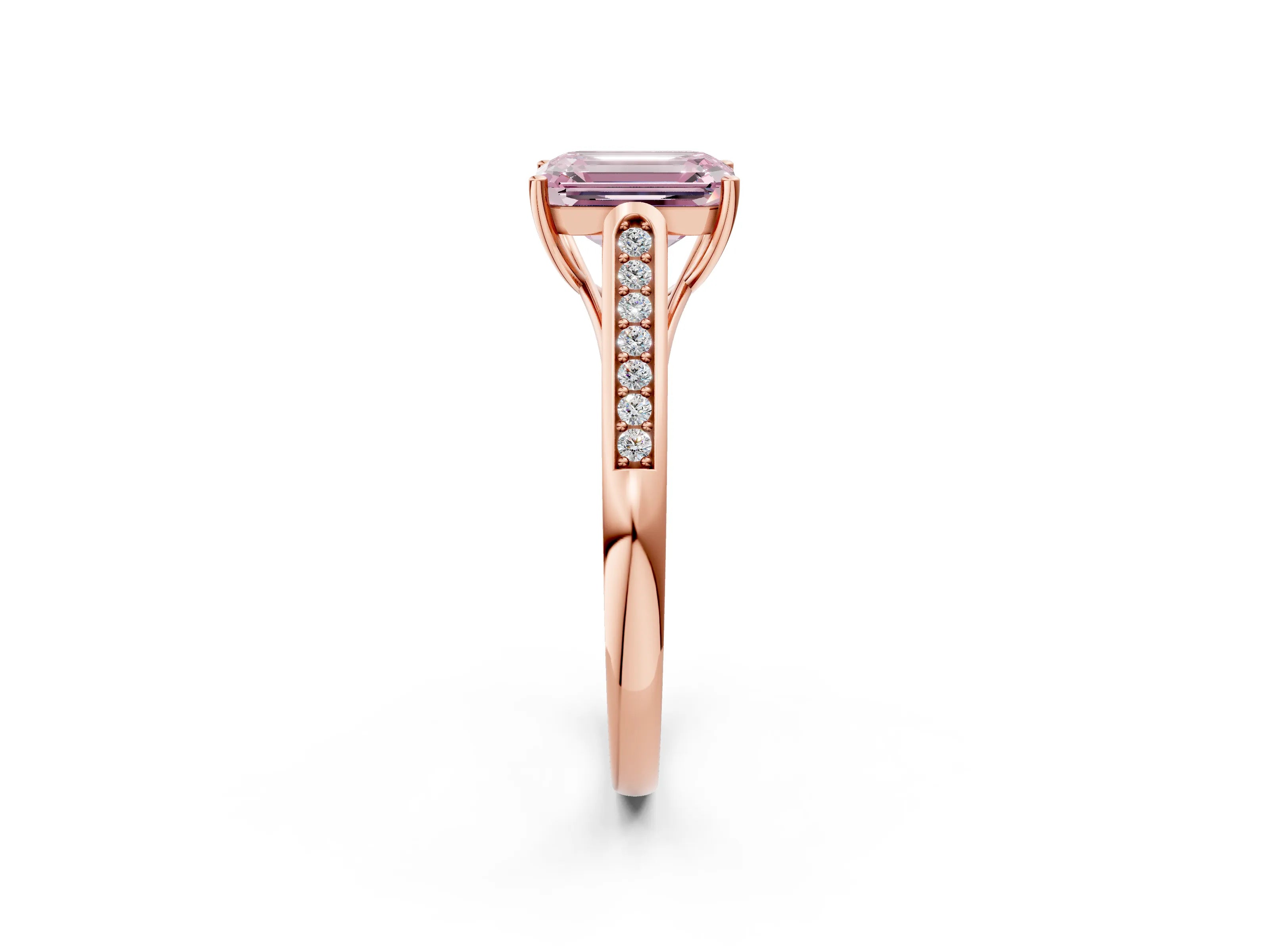 Rose gold Fancy Pink Emerald Cut Solitaire Cathedral Diamond Engagement Ring with Channel-Set Band and Four-Prong Setting_5