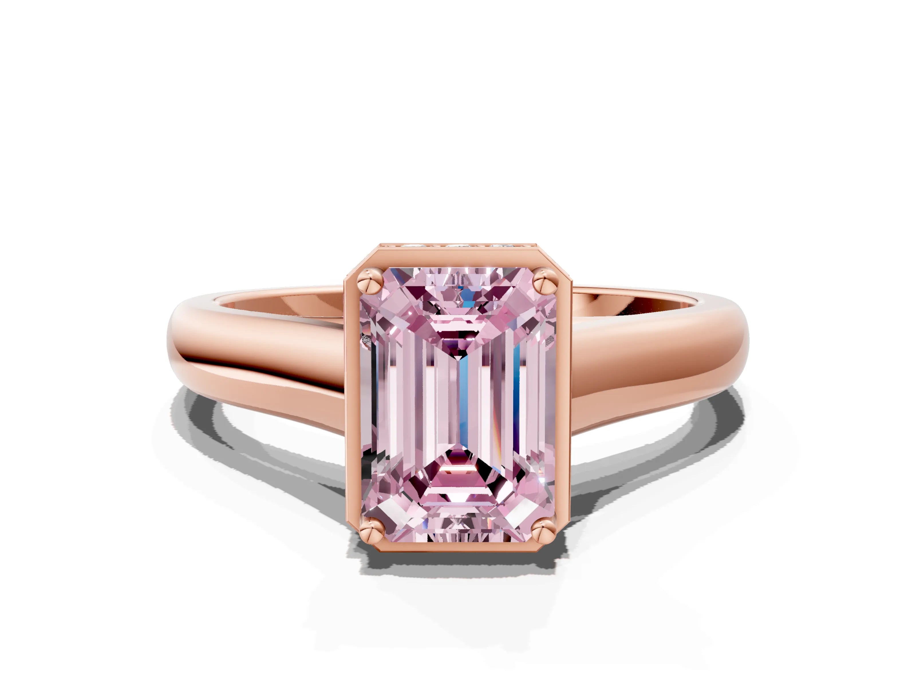 Rose gold Fancy Pink Emerald Cut Solitaire Diamond Engagement Ring with Four-Prong Setting and Tapered Band