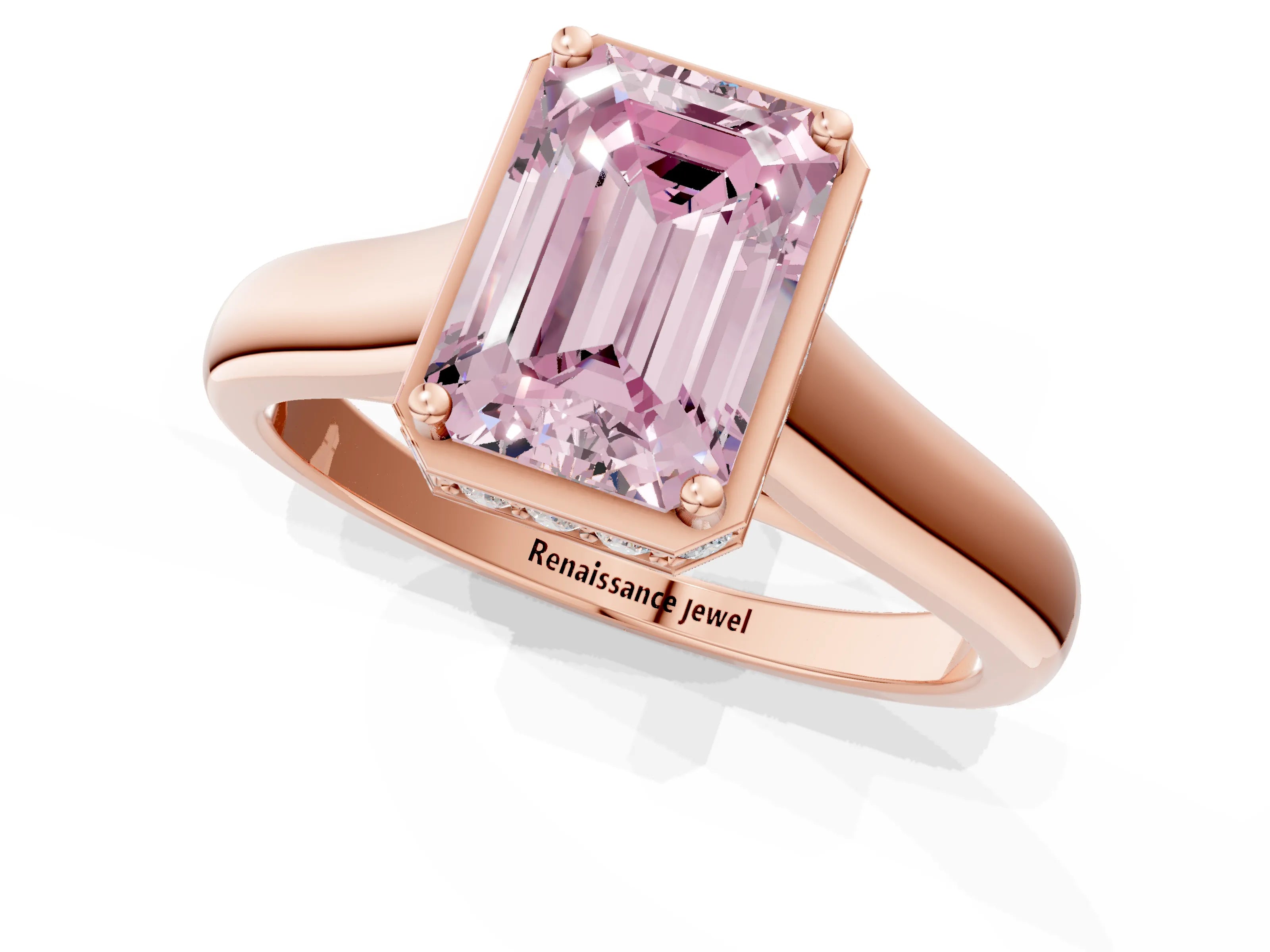 Rose gold Fancy Pink Emerald Cut Solitaire Diamond Engagement Ring with Four-Prong Setting and Tapered Band_1