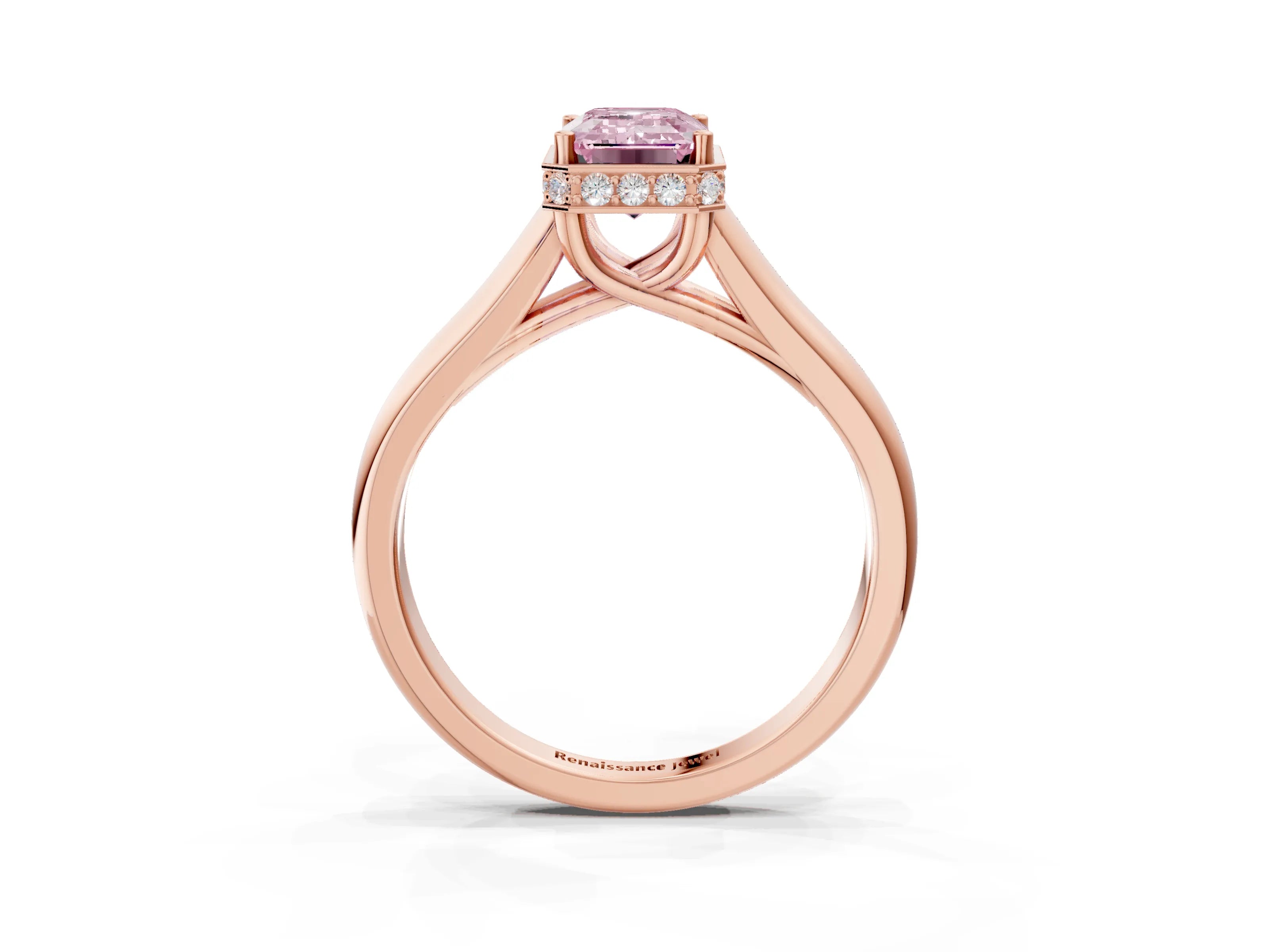 Rose gold Fancy Pink Emerald Cut Solitaire Diamond Engagement Ring with Four-Prong Setting and Tapered Band_3