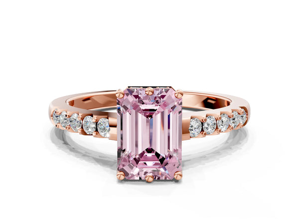 Rose gold Fancy Pink Emerald Cut Solitaire Diamond Engagement Ring with Pavé Band and Six-Prong Setting