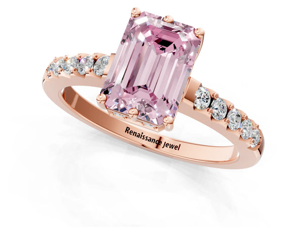 Rose gold Fancy Pink Emerald Cut Solitaire Diamond Engagement Ring with Pavé Band and Six-Prong Setting
