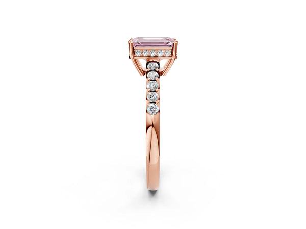 Rose gold Fancy Pink Emerald Cut Solitaire Diamond Engagement Ring with Pavé Band and Six-Prong Setting