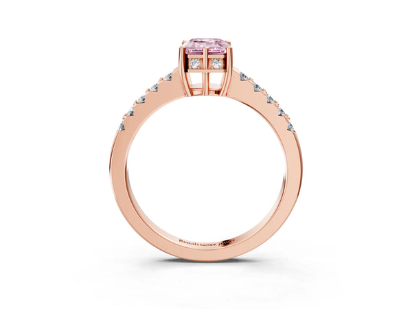 Rose gold Fancy Pink Emerald Cut Solitaire Diamond Engagement Ring with Pavé Band and Six-Prong Setting