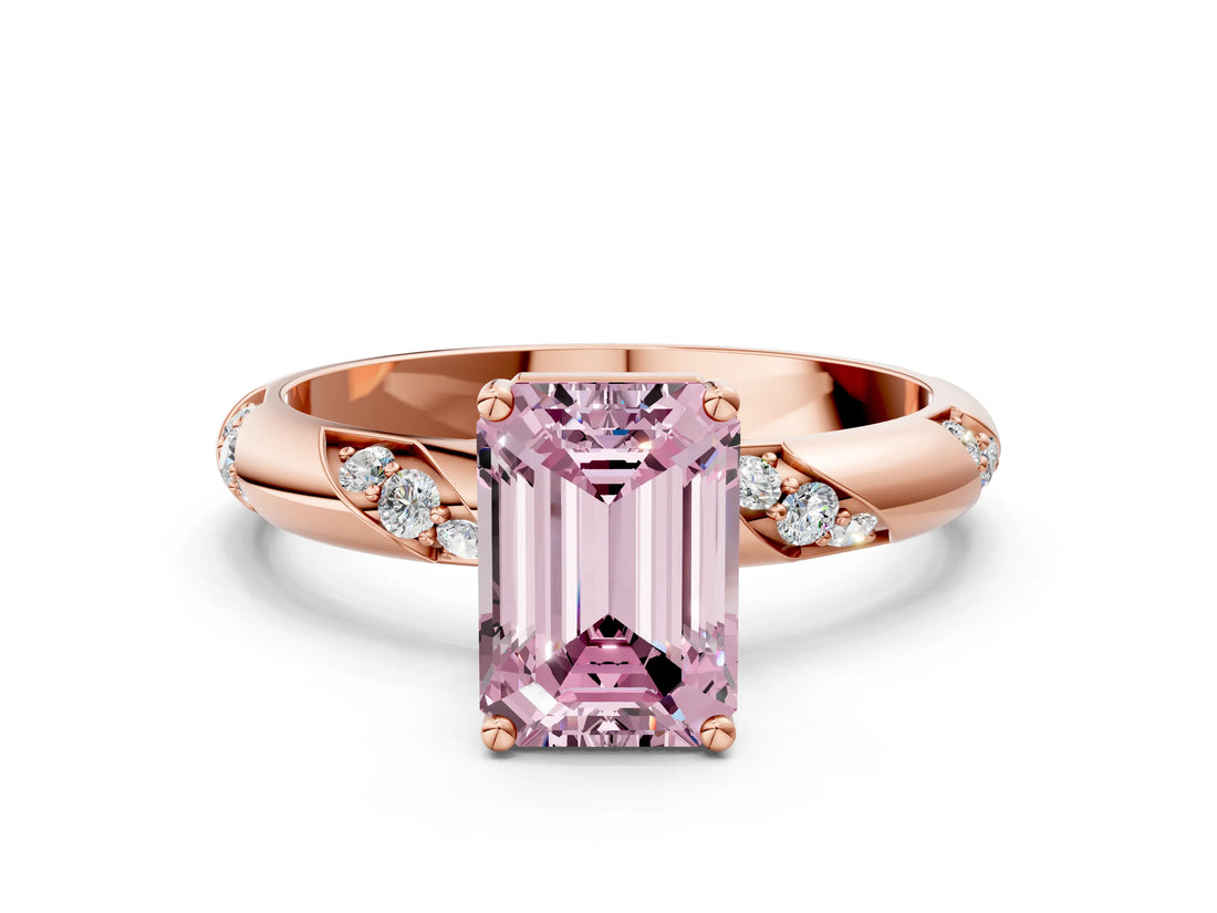 Rose gold Fancy Pink Emerald Cut Solitaire Diamond Engagement Ring with Twisted Pave Band and Four-Prong Setting_3