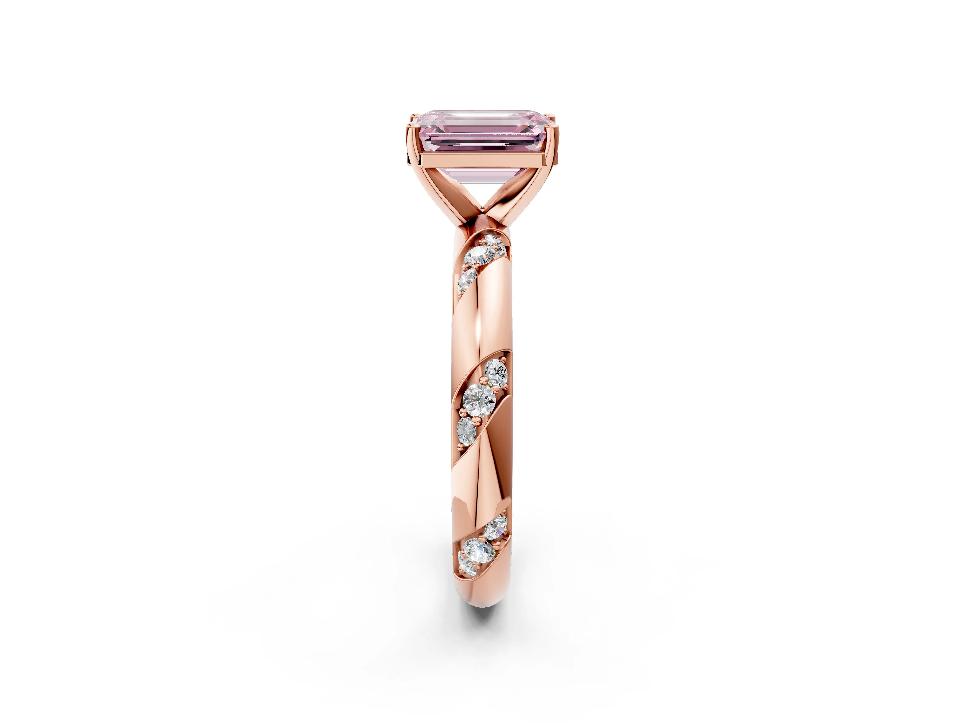 Rose gold Fancy Pink Emerald Cut Solitaire Diamond Engagement Ring with Twisted Pave Band and Four-Prong Setting_5