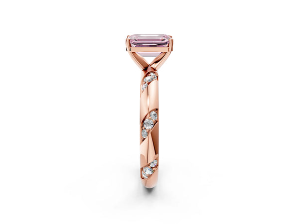 Rose gold Fancy Pink Emerald Cut Solitaire Diamond Engagement Ring with Twisted Pave Band and Four-Prong Setting