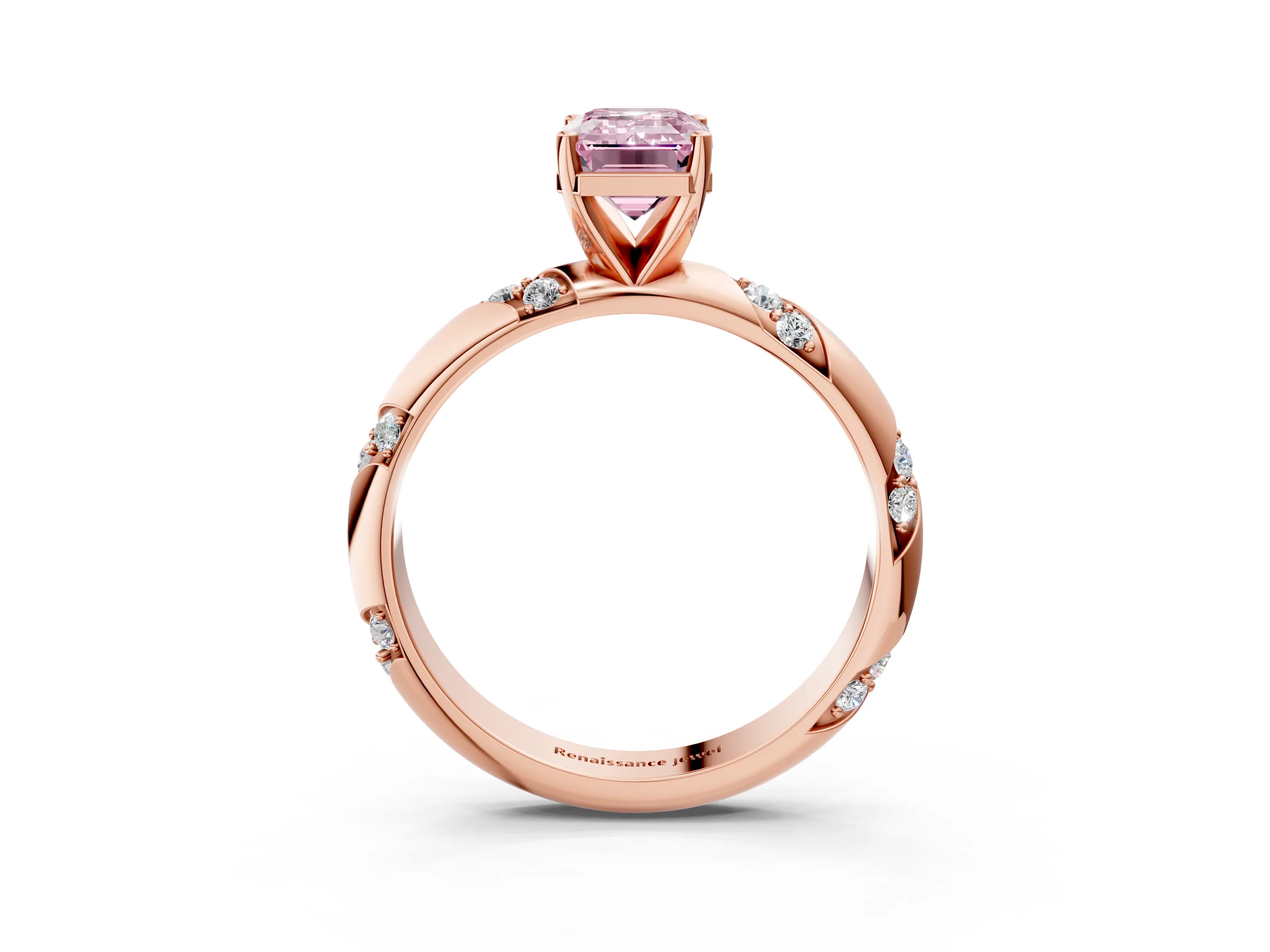 Rose gold Fancy Pink Emerald Cut Solitaire Diamond Engagement Ring with Twisted Pave Band and Four-Prong Setting_6