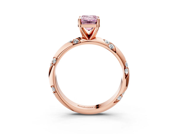 Rose gold Fancy Pink Emerald Cut Solitaire Diamond Engagement Ring with Twisted Pave Band and Four-Prong Setting