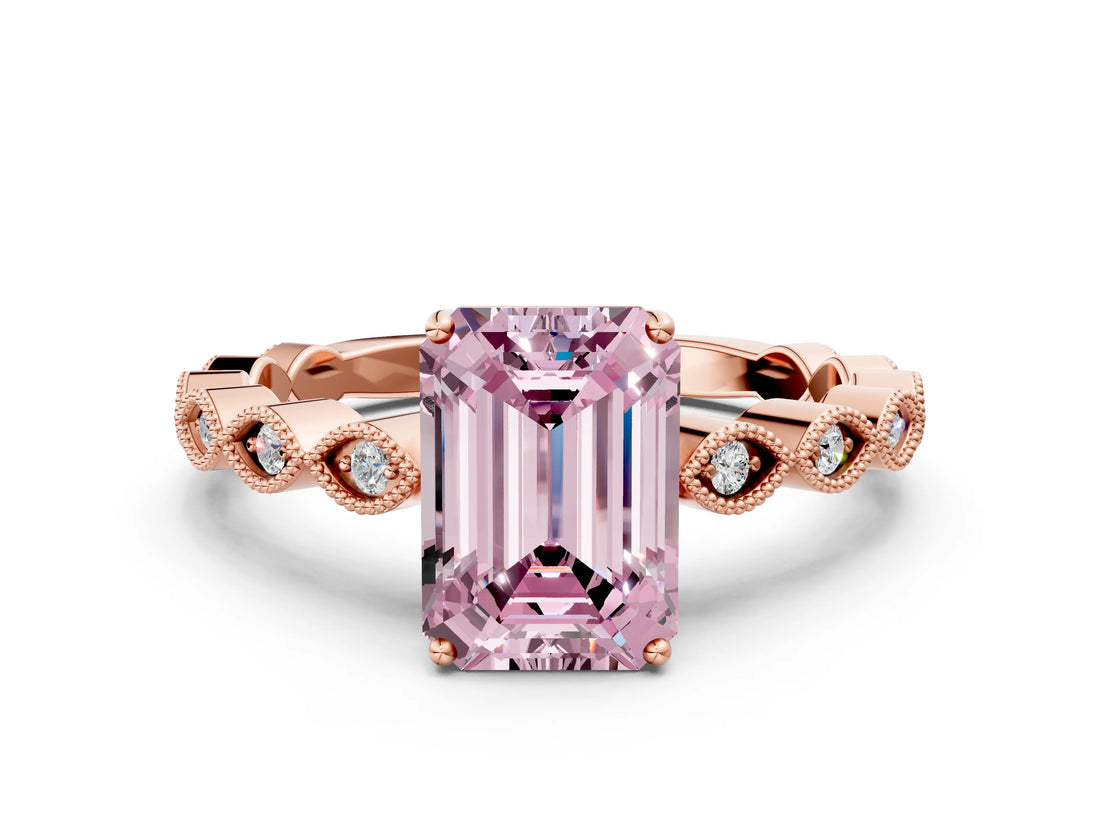 Rose gold Fancy Pink Emerald Cut Solitaire Diamond Ring with Infinity Twist Band and Four-Prong Setting