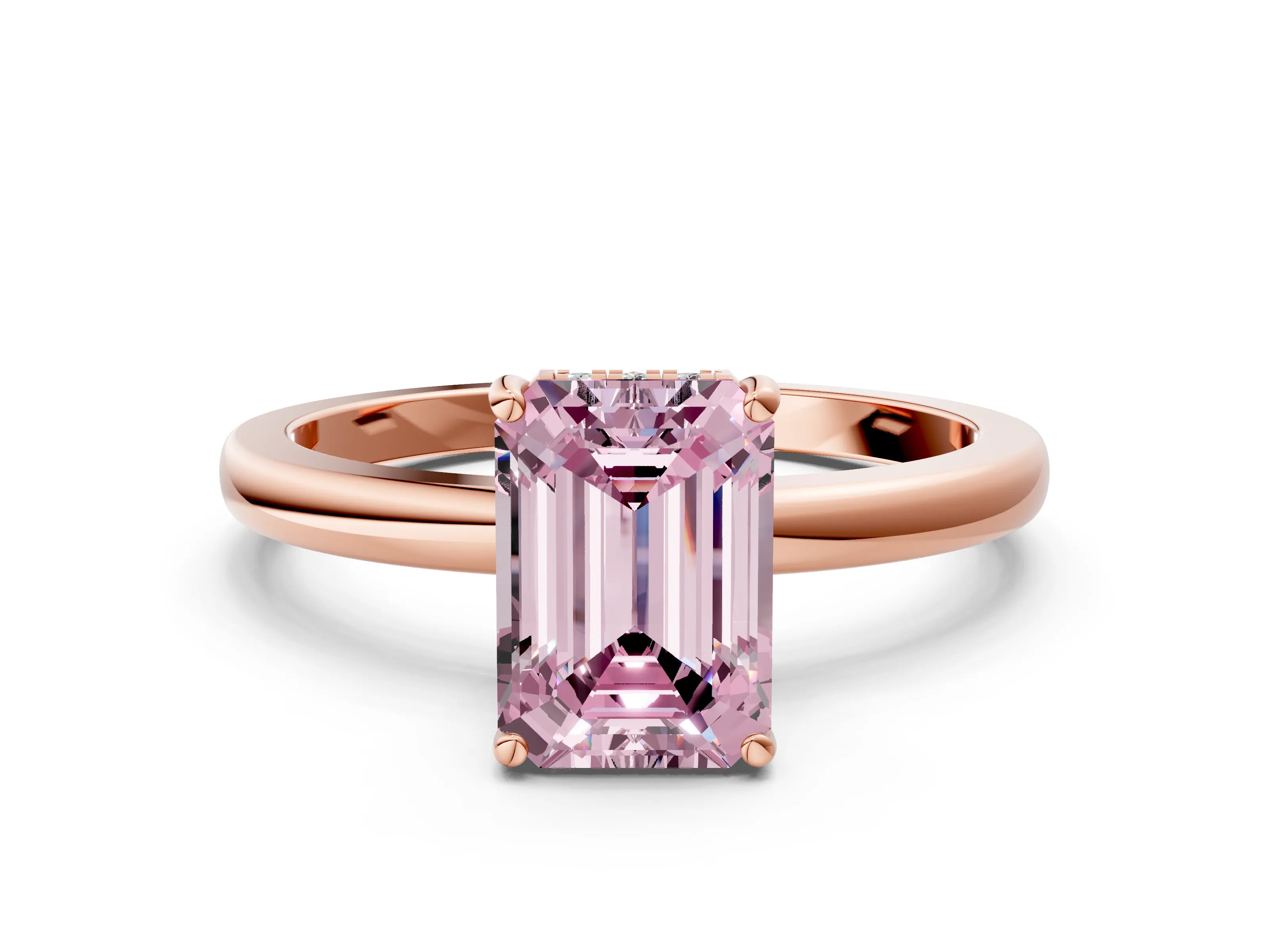 Rose gold Fancy Pink Emerald Cut Solitaire Diamond Ring with Prong Setting and Plain Band