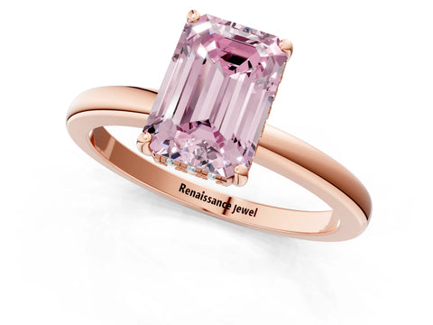 Rose gold Fancy Pink Emerald Cut Solitaire Diamond Ring with Prong Setting and Plain Band_1