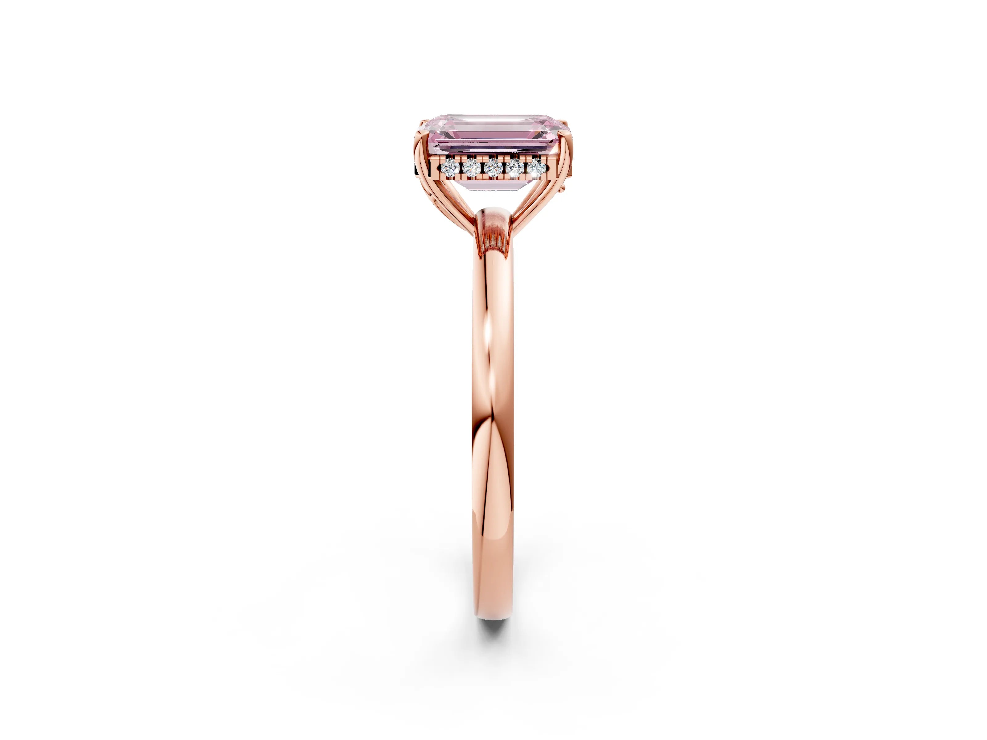 Rose gold Fancy Pink Emerald Cut Solitaire Diamond Ring with Prong Setting and Plain Band_2