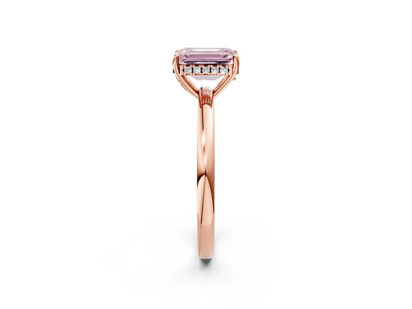 Rose gold Fancy Pink Emerald Cut Solitaire Diamond Ring with Prong Setting and Plain Band