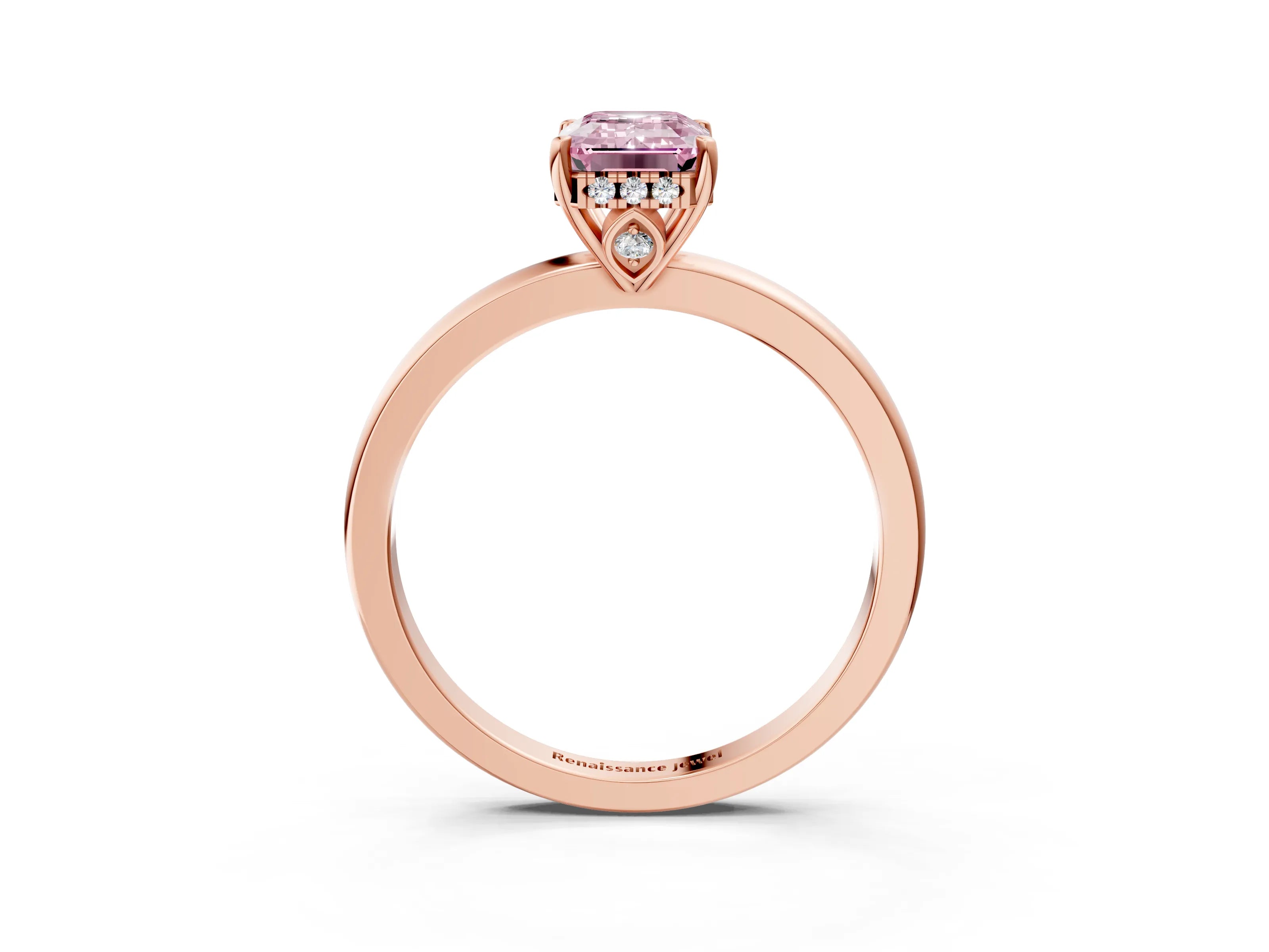 Rose gold Fancy Pink Emerald Cut Solitaire Diamond Ring with Prong Setting and Plain Band_3