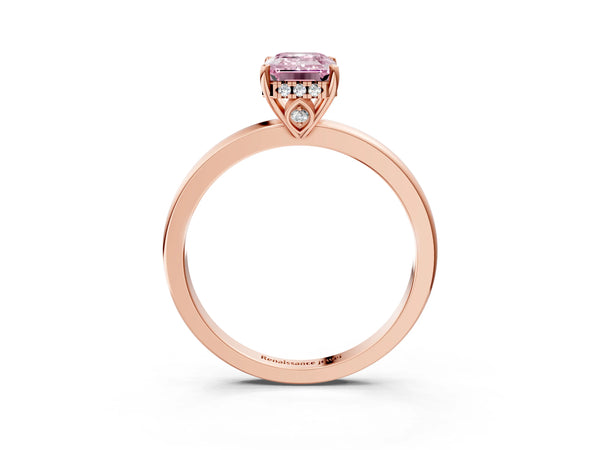 Rose gold Fancy Pink Emerald Cut Solitaire Diamond Ring with Prong Setting and Plain Band