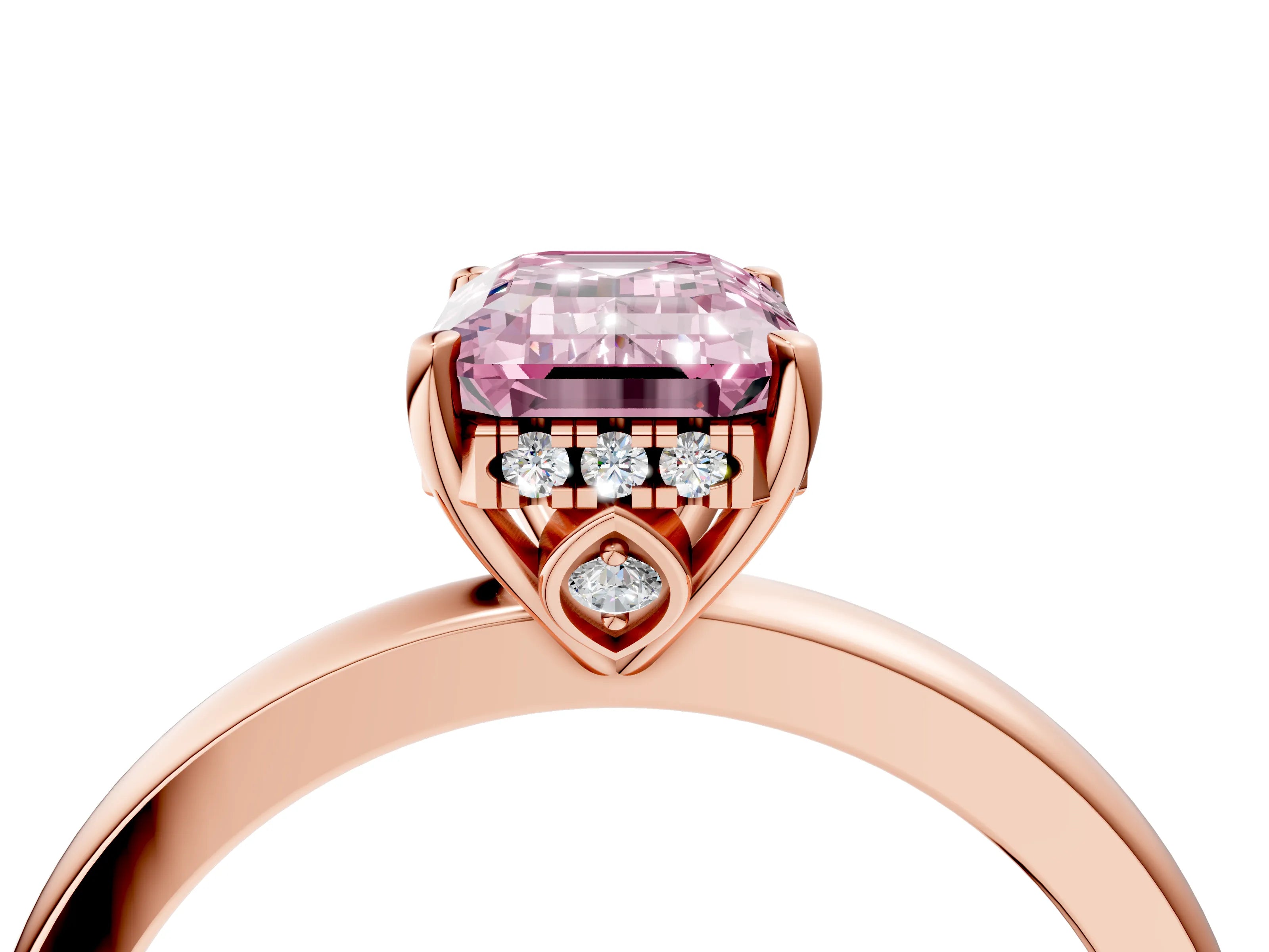 Rose gold Fancy Pink Emerald Cut Solitaire Diamond Ring with Prong Setting and Plain Band_4