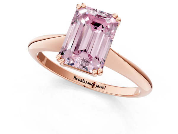 Rose gold Fancy Pink Emerald Cut Solitaire Diamond Ring with Six-Prong Setting and Classic Band