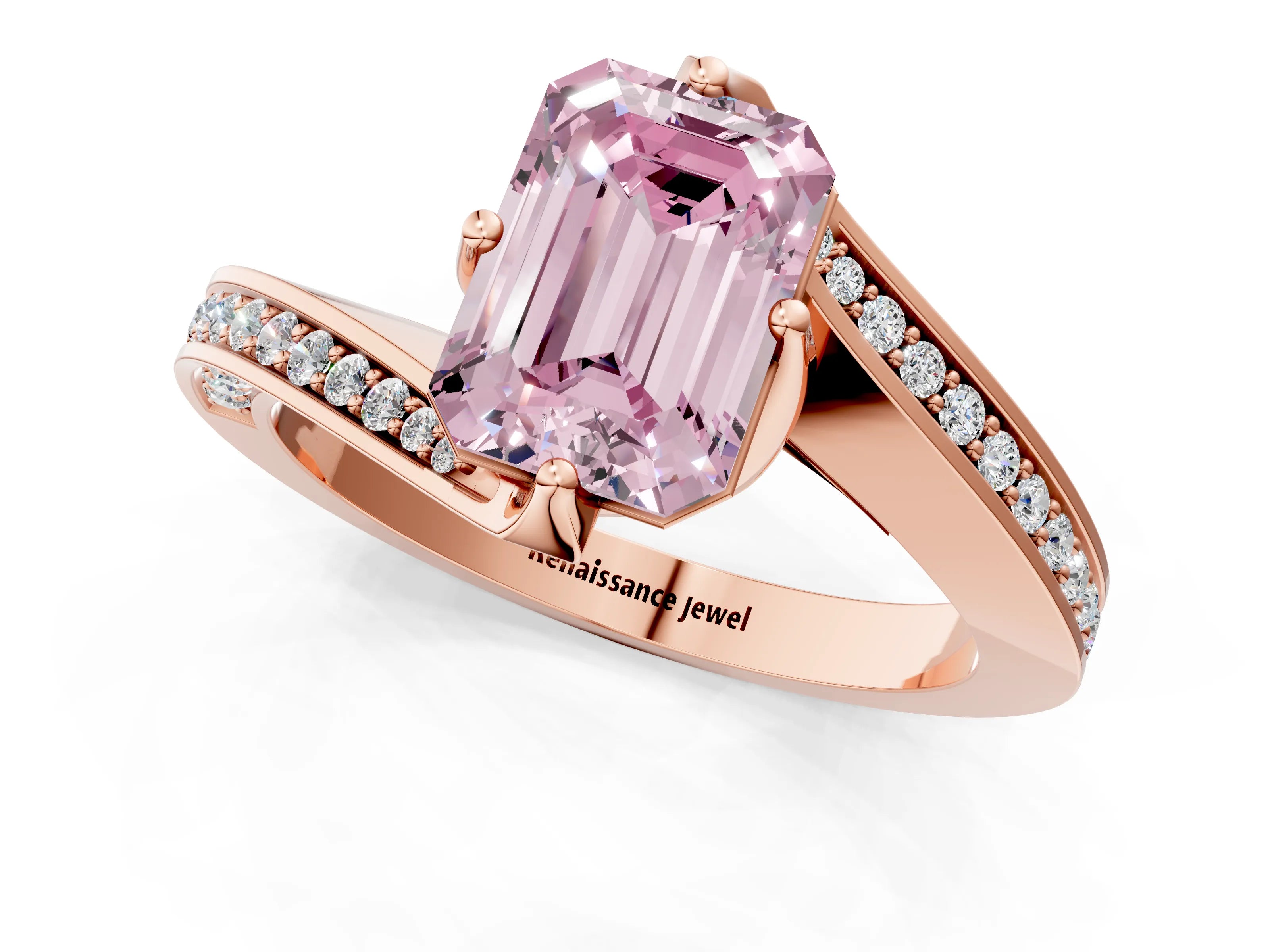 Rose gold Fancy Pink Emerald Cut Solitaire Diamond Twist Band with Pavé Setting and Four-Prong Setting_1