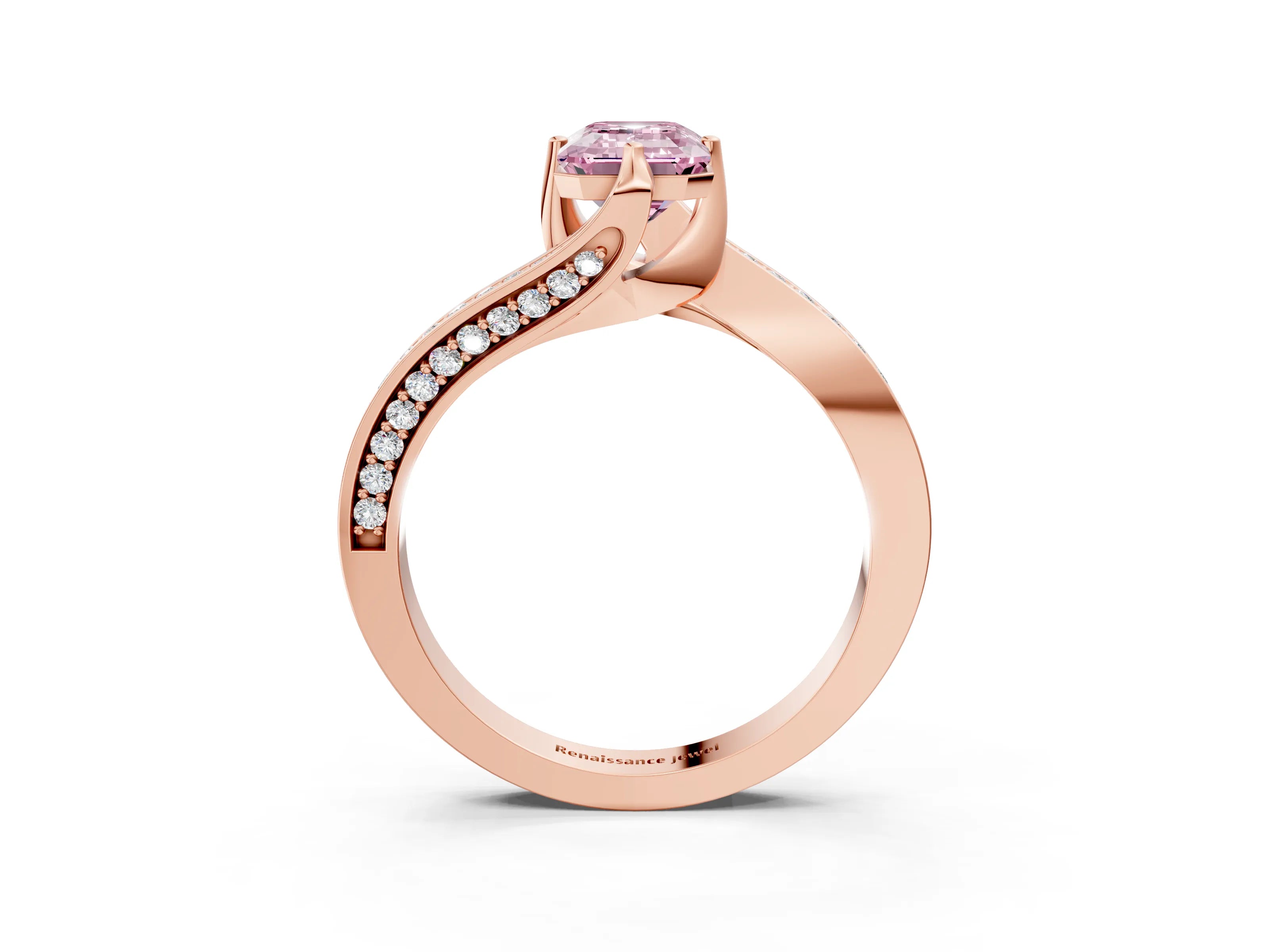 Rose gold Fancy Pink Emerald Cut Solitaire Diamond Twist Band with Pavé Setting and Four-Prong Setting_3