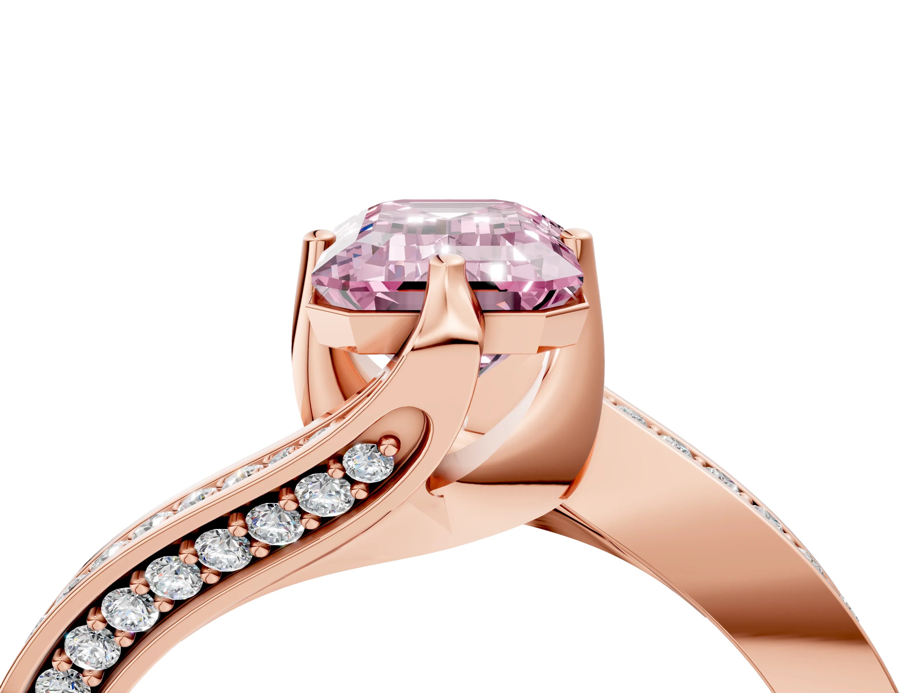Rose gold Fancy Pink Emerald Cut Solitaire Diamond Twist Band with Pavé Setting and Four-Prong Setting_4