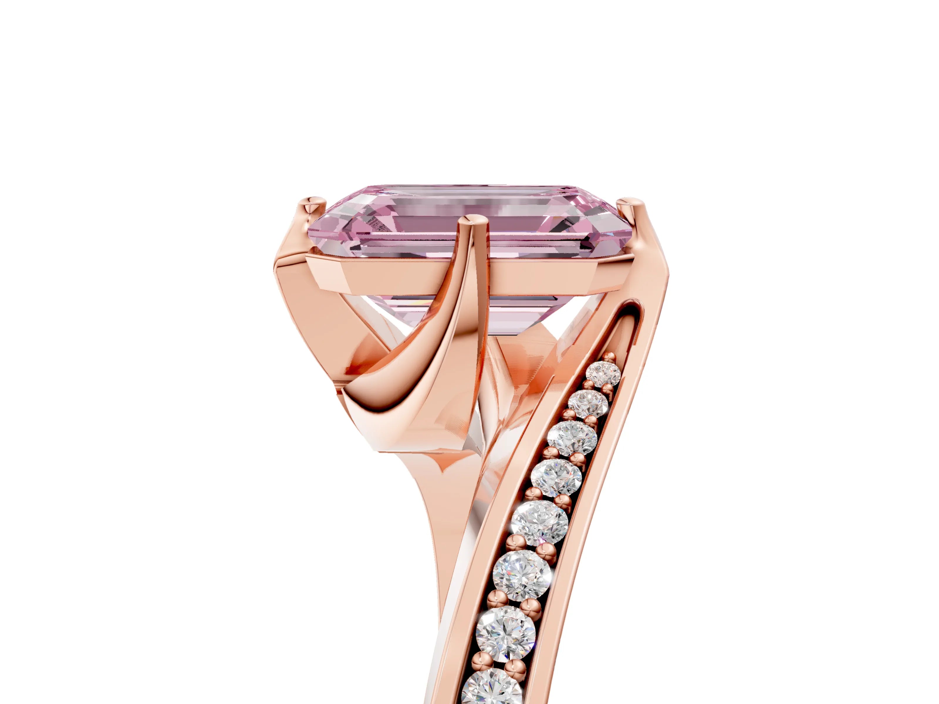 Rose gold Fancy Pink Emerald Cut Solitaire Diamond Twist Band with Pavé Setting and Four-Prong Setting_5