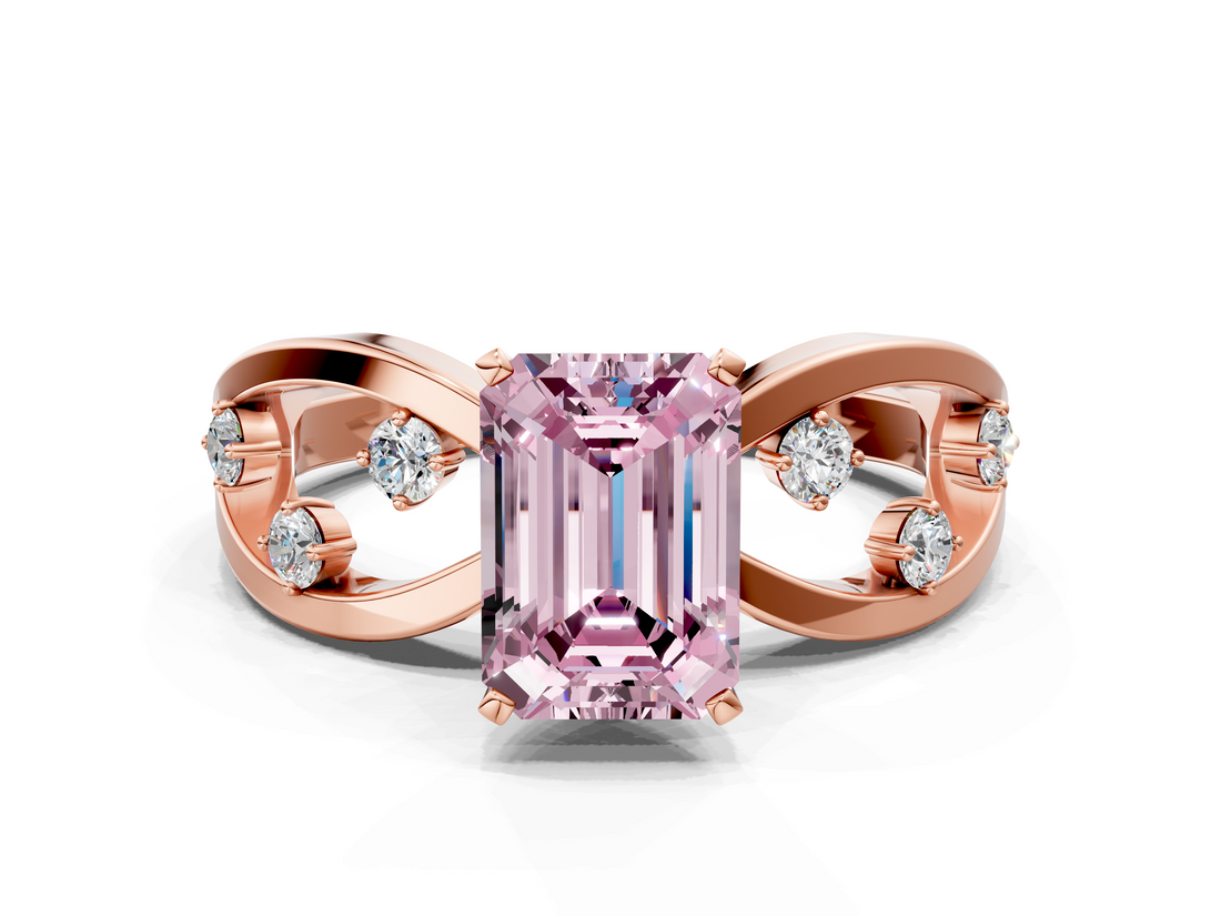 Rose gold Fancy Pink Emerald  Cut Solitaire Diamond with Side Stones on Criss-Cross Band and Four-Prong Setting_3