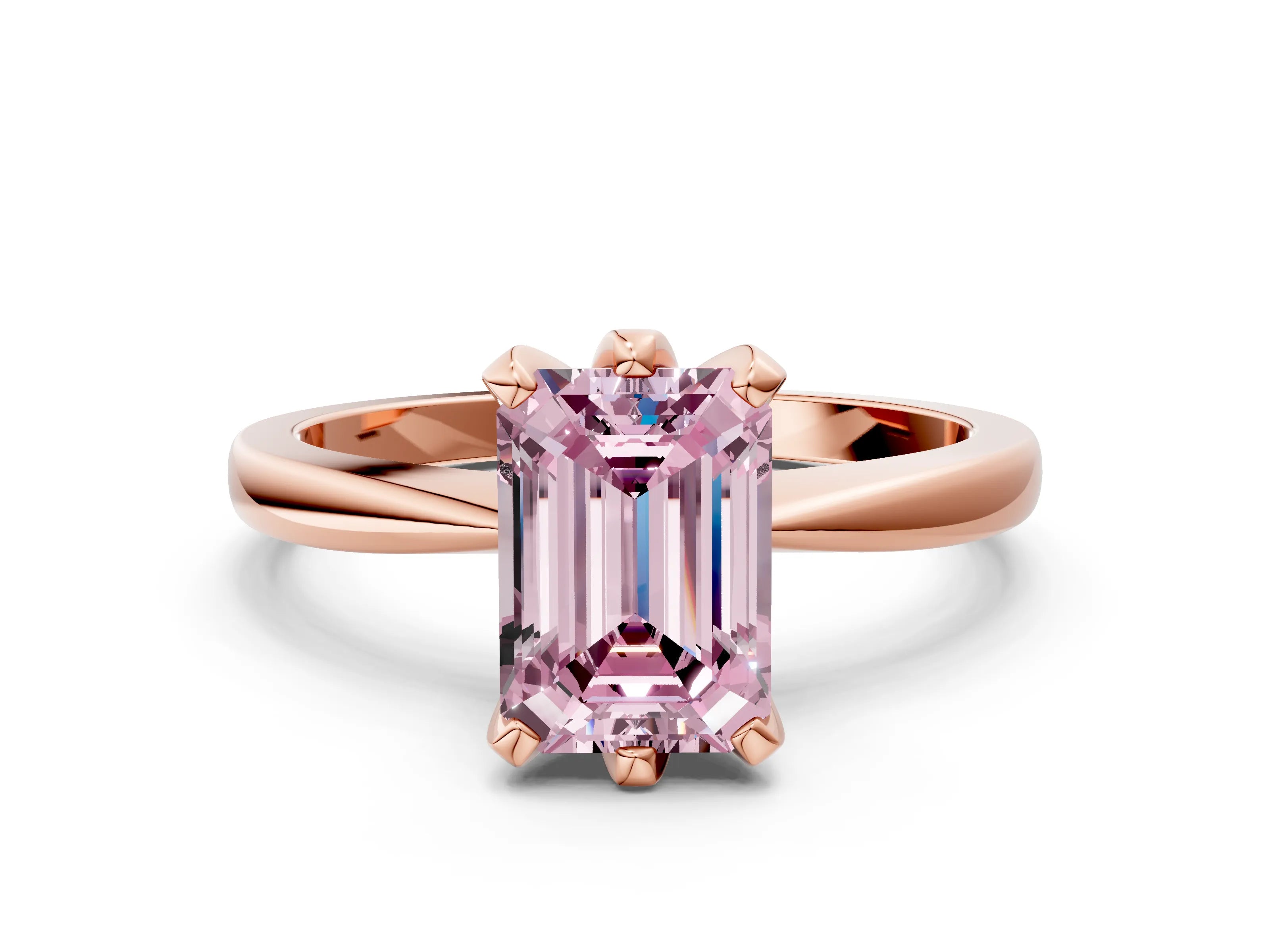 Rose gold Fancy Pink Emerald Cut Solitaire Engagement Ring with Six-Prong Setting and Tapered Band