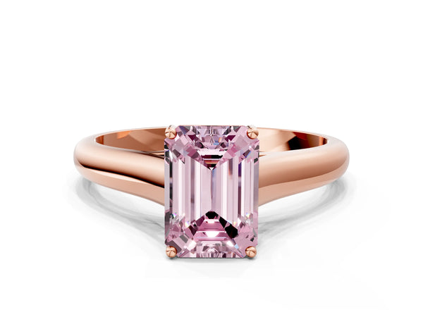 Rose gold Fancy Pink Emerald Cut Solitaire Engagement Ring with Tapered Band and Four-Prong Setting