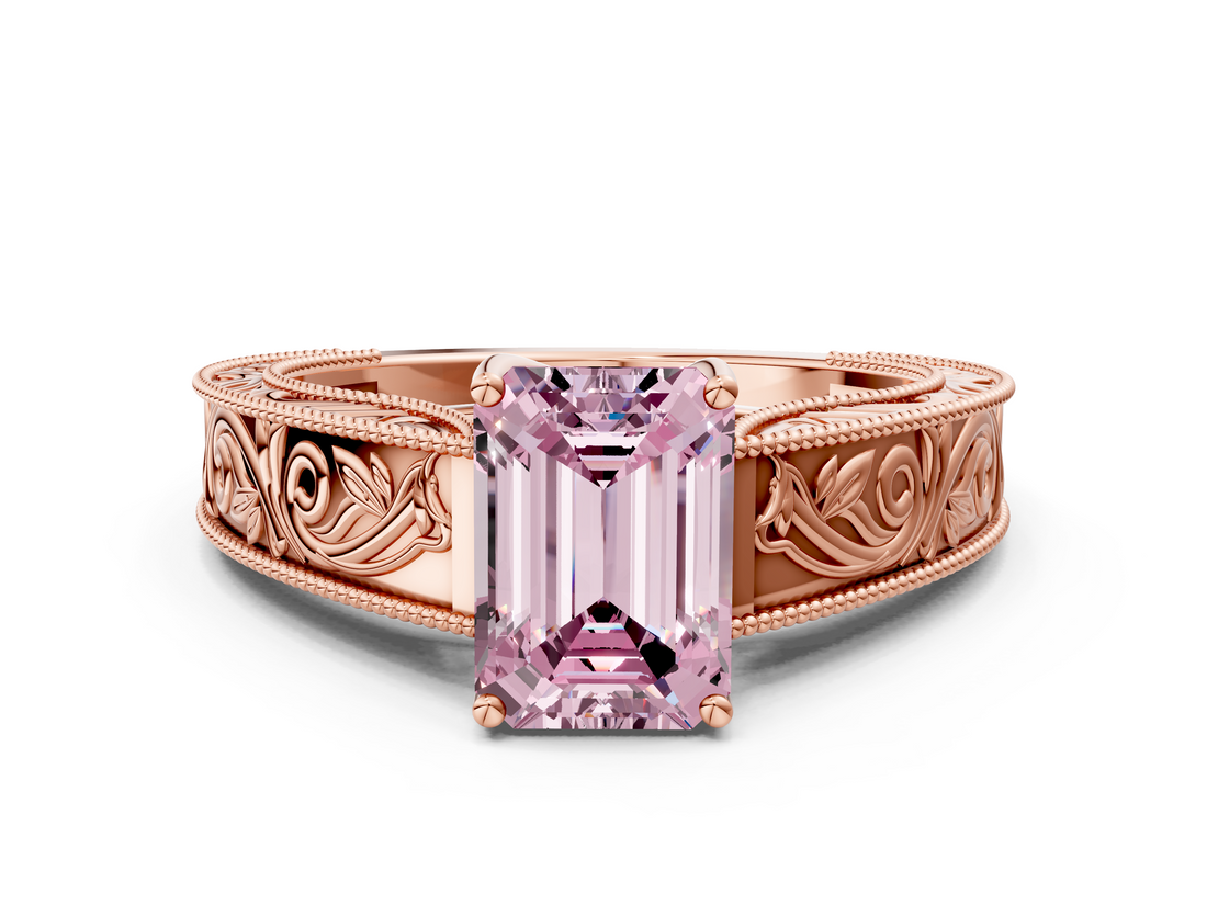Rose gold Fancy Pink Emerald  Cut Solitaire Engraved Band with Four-Prong Setting_79