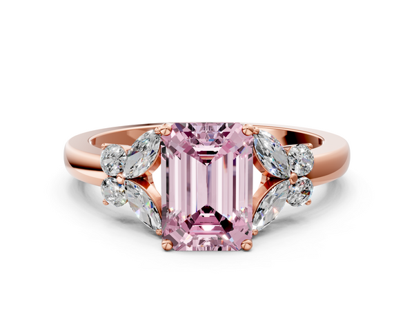 Rose gold Fancy Pink Emerald  Cut Solitaire Floral Diamond Ring with Four-Prong Setting