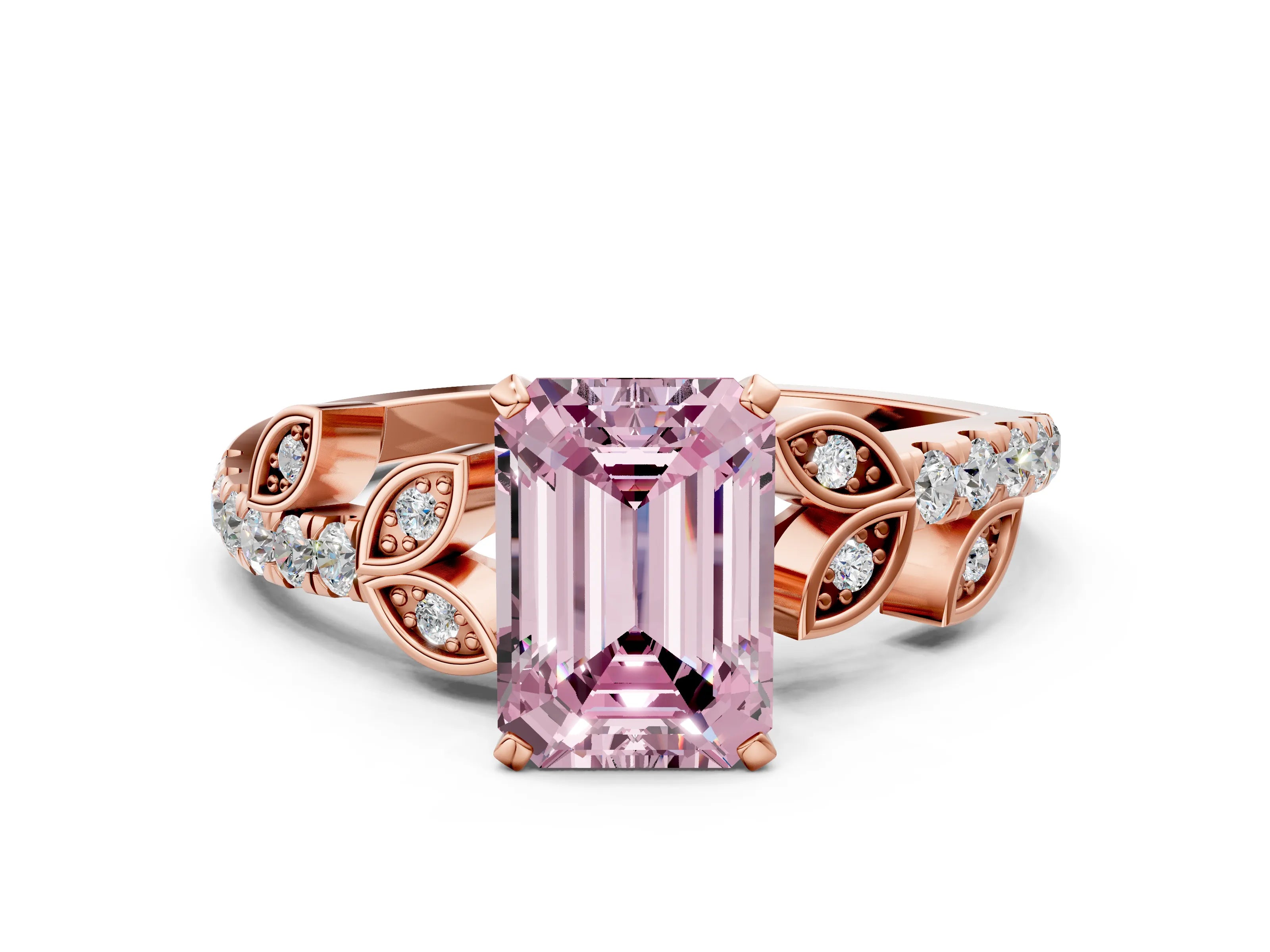 Rose gold Fancy Pink Emerald Cut Solitaire Leaf-Inspired Diamond Ring with Pavé Band and Four-Prong Setting