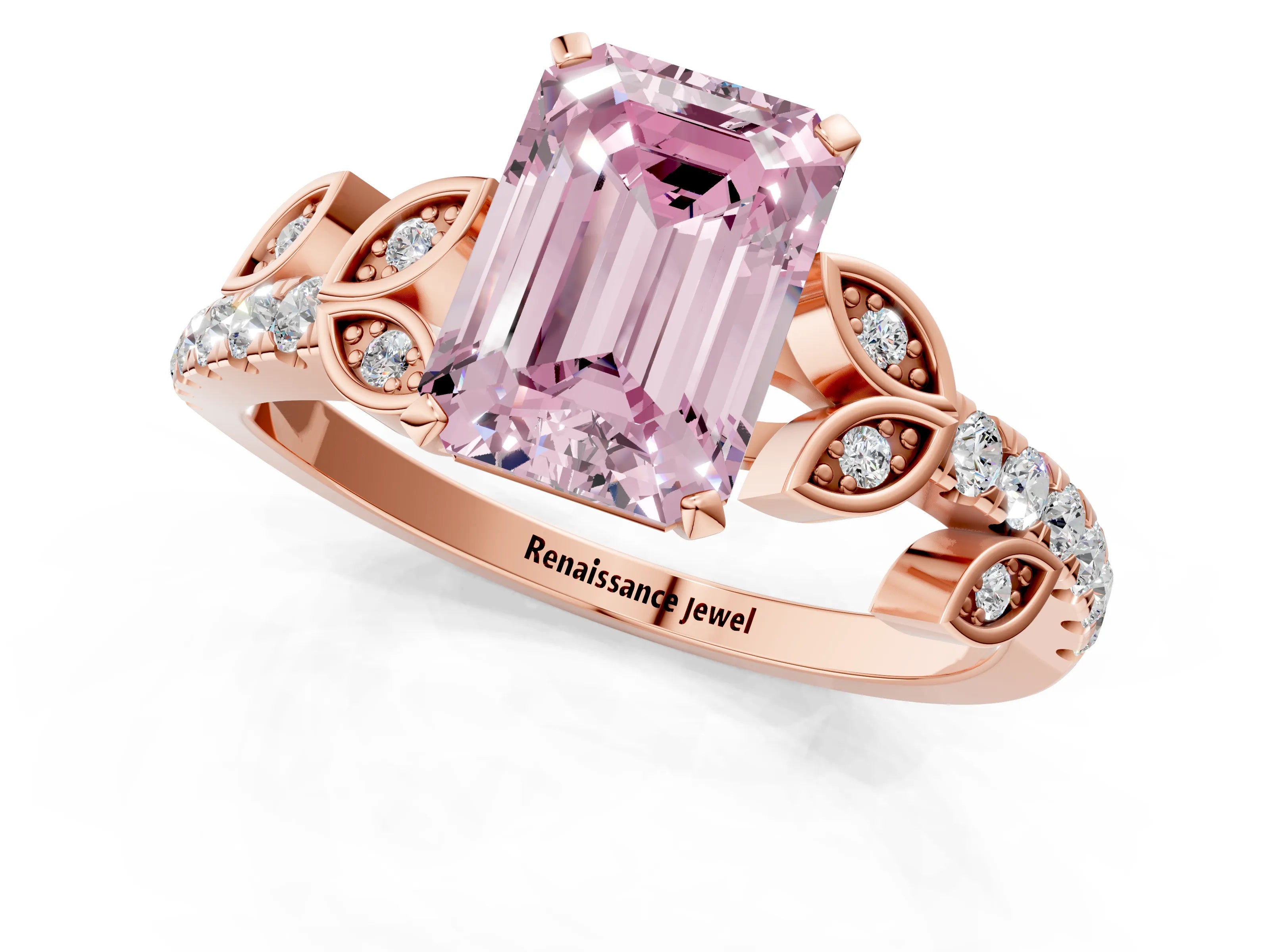 Rose gold Fancy Pink Emerald Cut Solitaire Leaf-Inspired Diamond Ring with Pavé Band and Four-Prong Setting_1