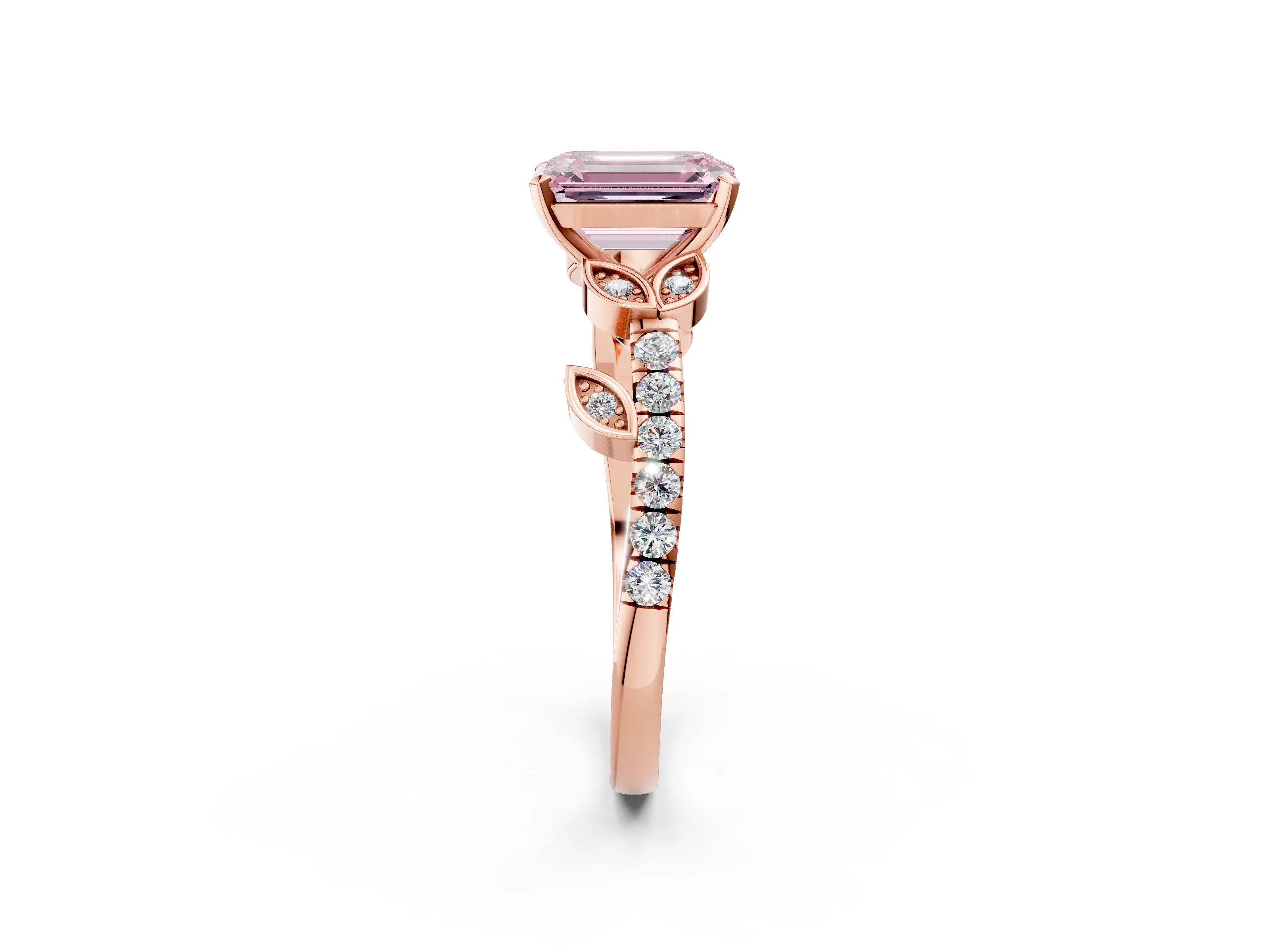 Rose gold Fancy Pink Emerald Cut Solitaire Leaf-Inspired Diamond Ring with Pavé Band and Four-Prong Setting_2