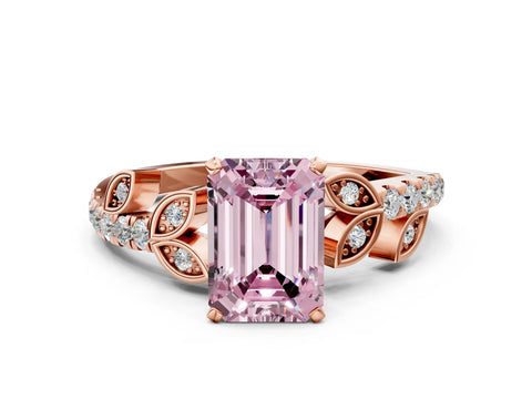 Rose gold Fancy Pink Emerald Cut Solitaire Leaf-Inspired Diamond Ring with Pavé Band and Four-Prong Setting