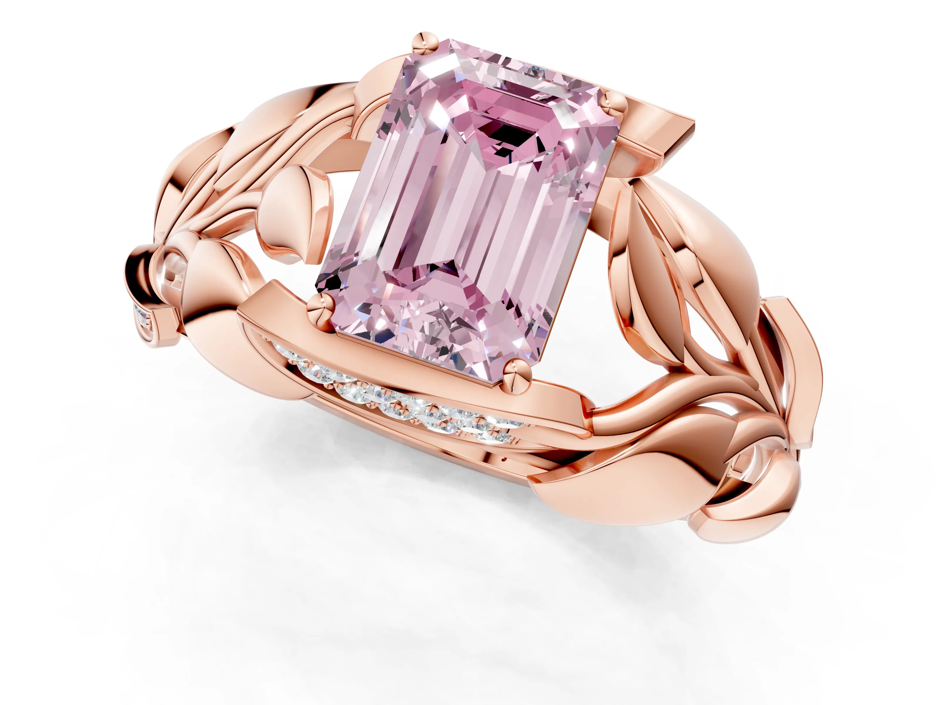 Rose gold Fancy Pink Emerald Cut Solitaire Leaf-Inspired Engagement Ring with Prong Setting_1