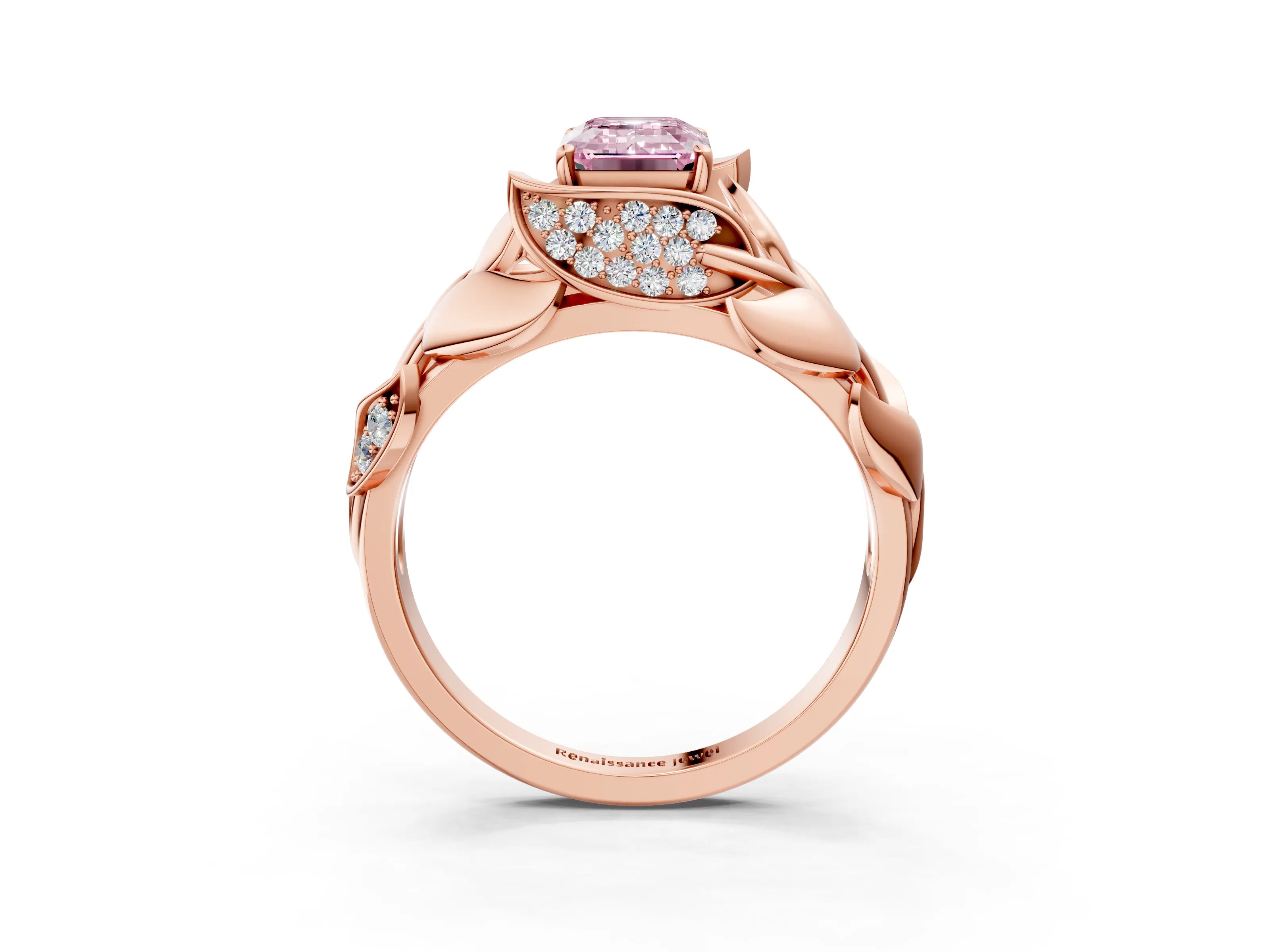 Rose gold Fancy Pink Emerald Cut Solitaire Leaf-Inspired Engagement Ring with Prong Setting_3