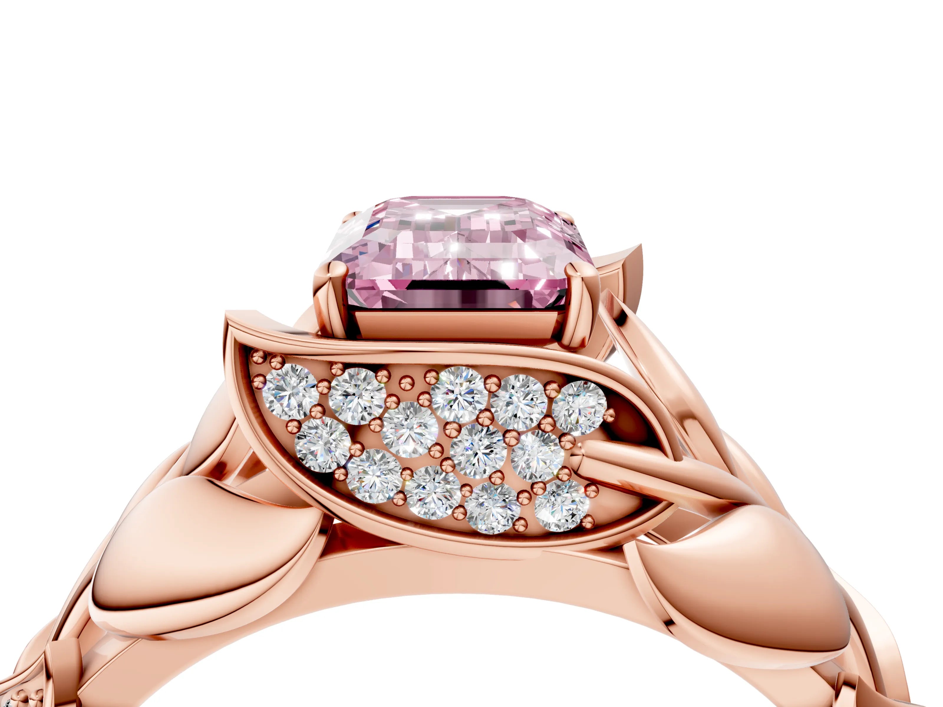 Rose gold Fancy Pink Emerald Cut Solitaire Leaf-Inspired Engagement Ring with Prong Setting_4