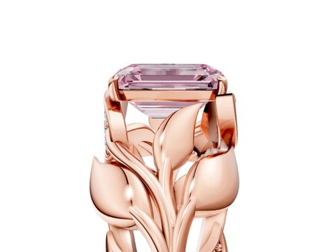 Rose gold Fancy Pink Emerald Cut Solitaire Leaf-Inspired Engagement Ring with Prong Setting_5