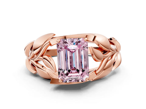 Rose gold Fancy Pink Emerald Cut Solitaire Leaf-Inspired Engagement Ring with Prong Setting