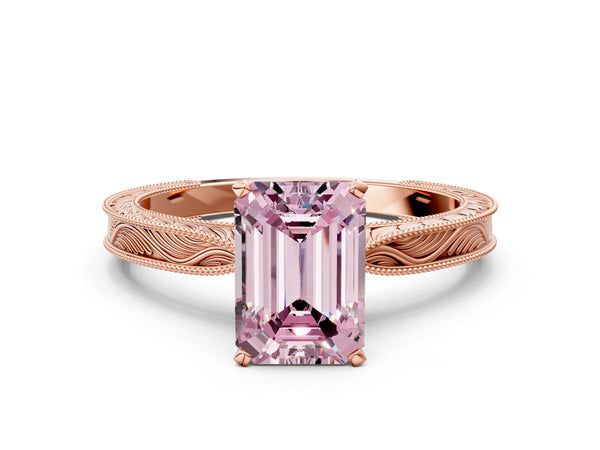 Rose gold Fancy Pink Emerald Cut Solitaire Milgrain Engraved Band with Four-Prong Setting