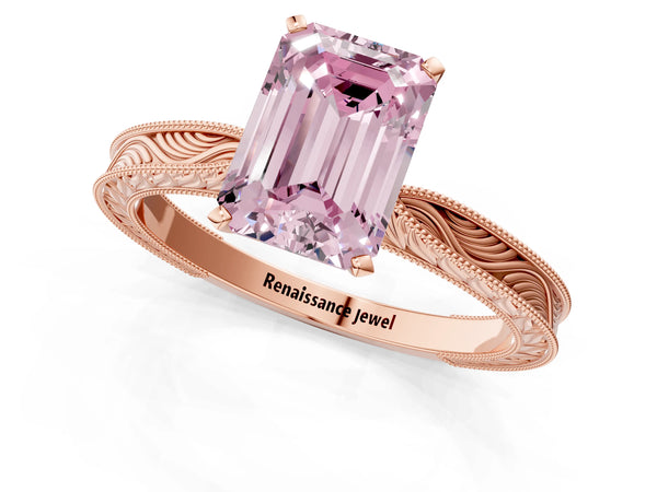 Rose gold Fancy Pink Emerald Cut Solitaire Milgrain Engraved Band with Four-Prong Setting